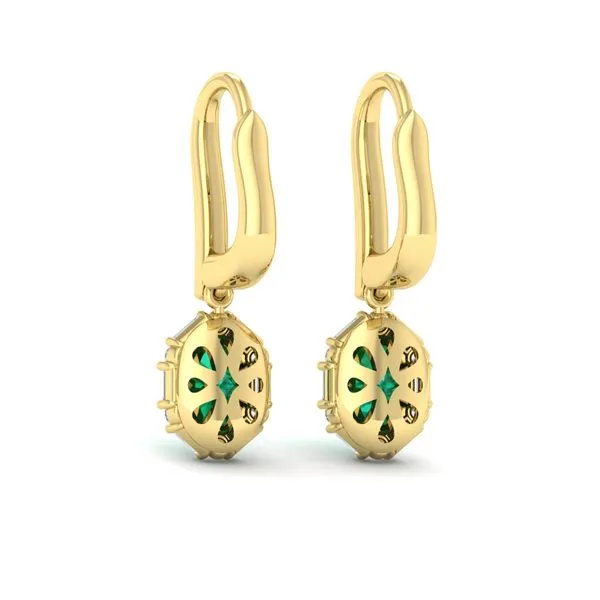 14K YELLOW GOLD OVAL EMERALD AND DIAMOND HALO DROP EARRINGS WITH BAGUETTES 0.49CTW