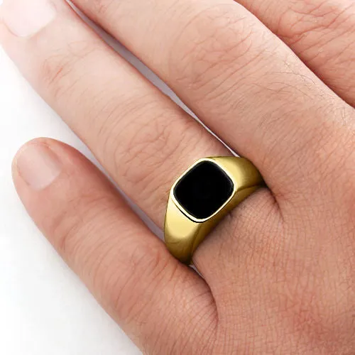 18k Solid Yellow Gold Mens Classic Ring with Natural Black Onyx Gemstone