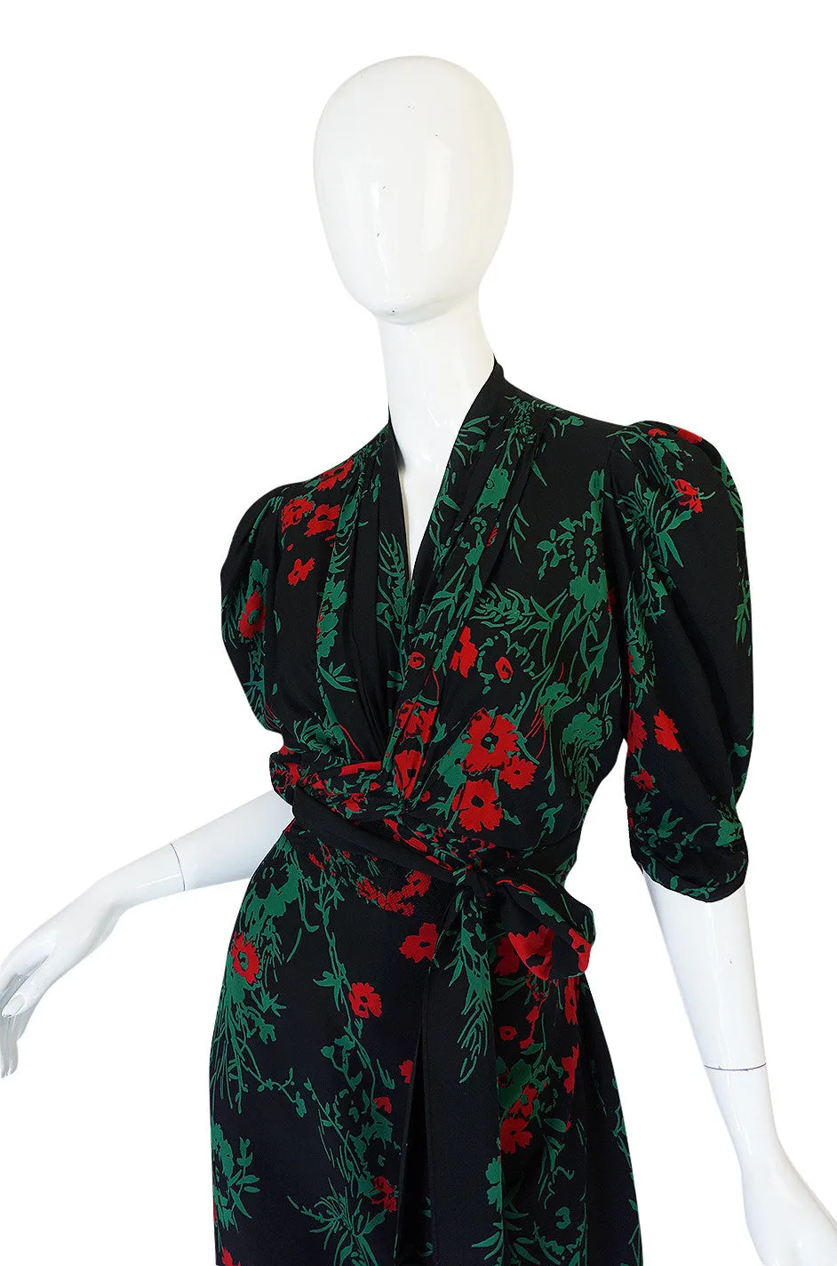 1930s Fashion Originators Guild Blue & Red Floral Silk Dress