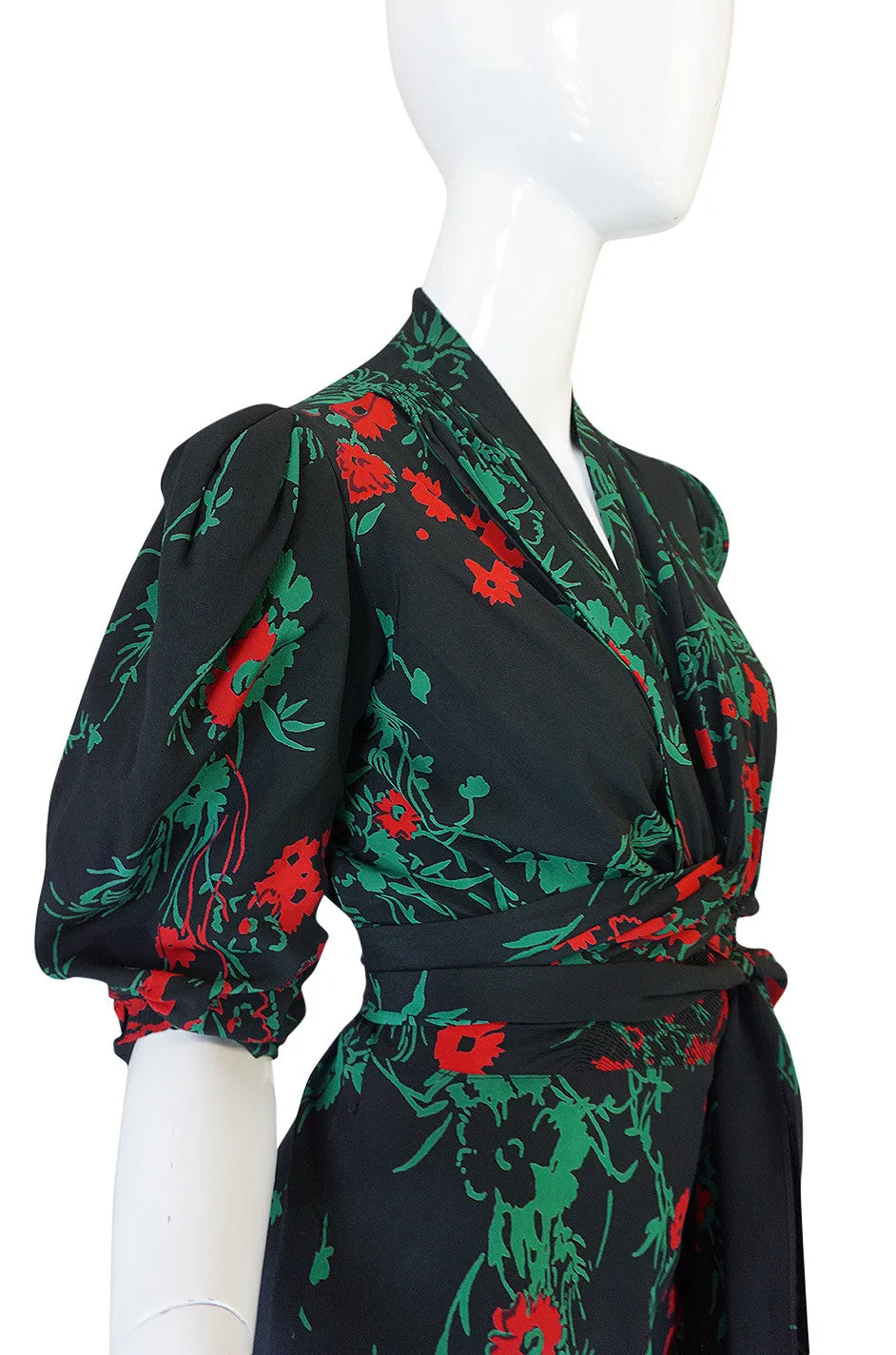 1930s Fashion Originators Guild Blue & Red Floral Silk Dress