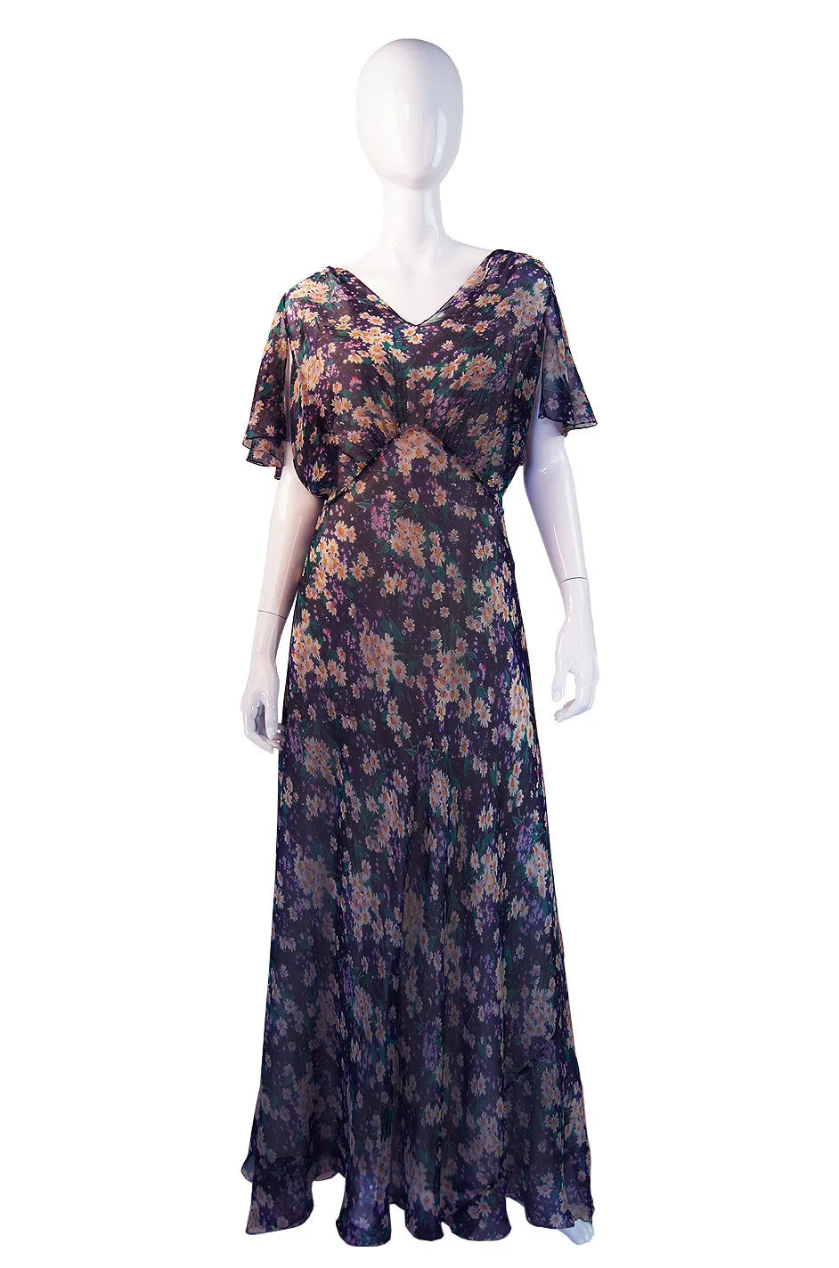 1930s Purple Floral Silk Chiffon Gown