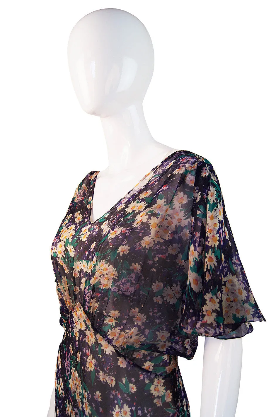 1930s Purple Floral Silk Chiffon Gown