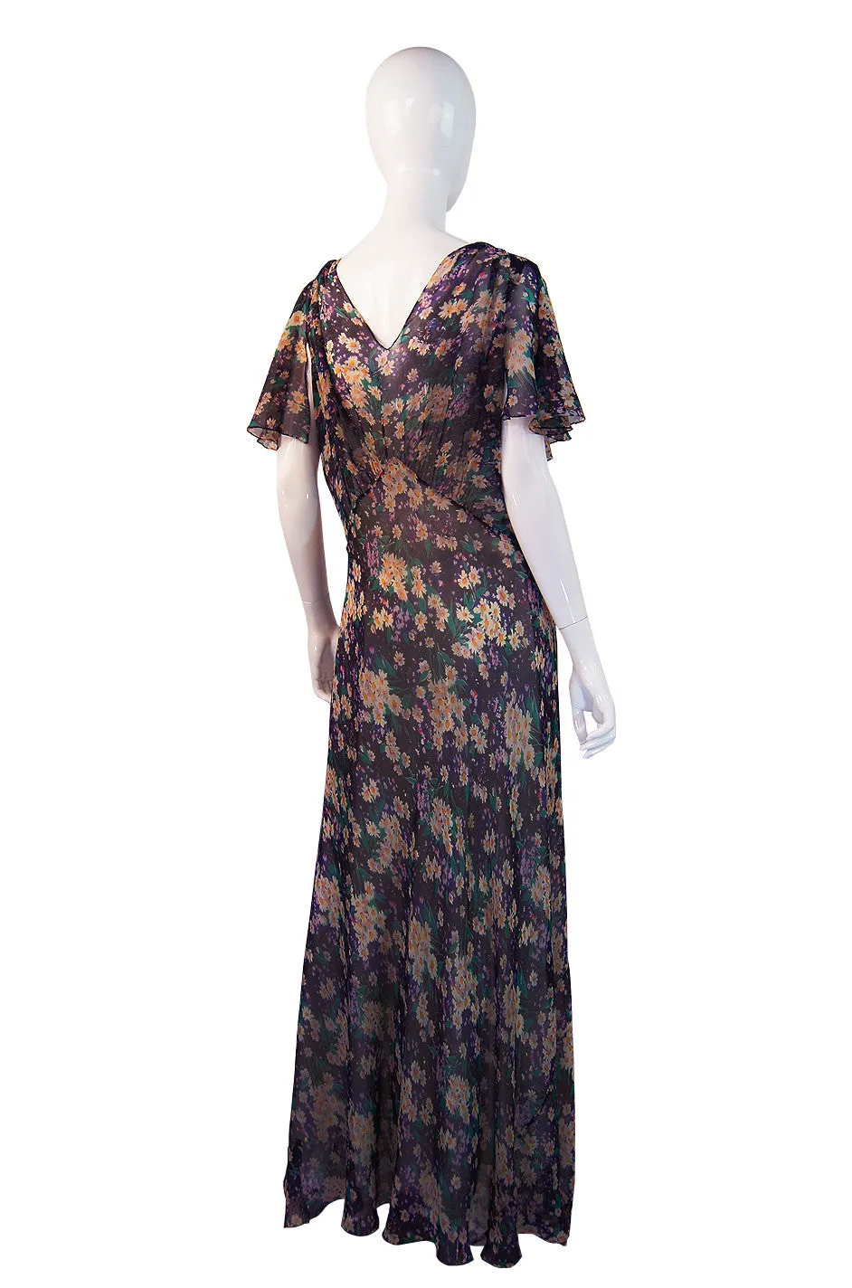 1930s Purple Floral Silk Chiffon Gown