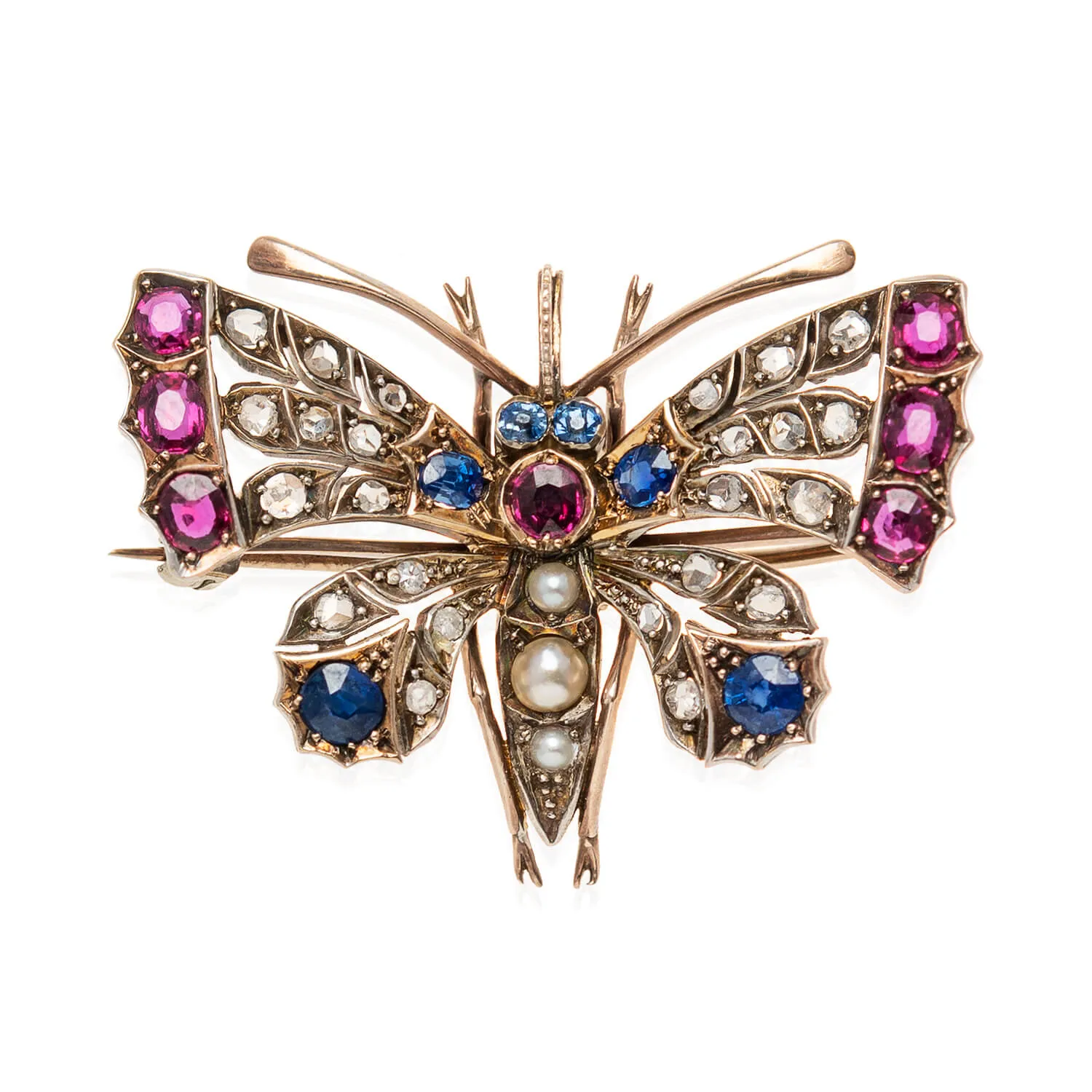 Art Nouveau 14kt/Sterling, Sapphire, Ruby, Diamond   Pearl Butterfly Pin/Pendant