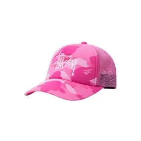 Bape x Stussy Trucker Cap Pink White