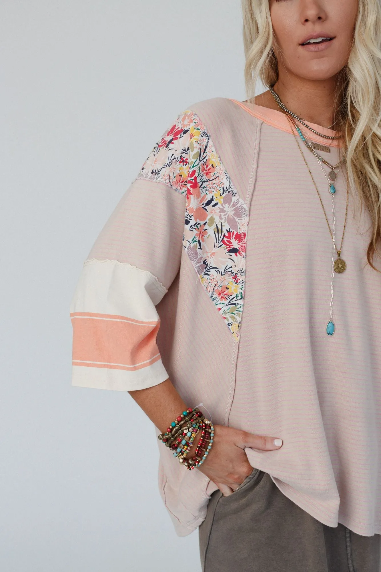 Britt Patchwork Floral Print Top - Apricot