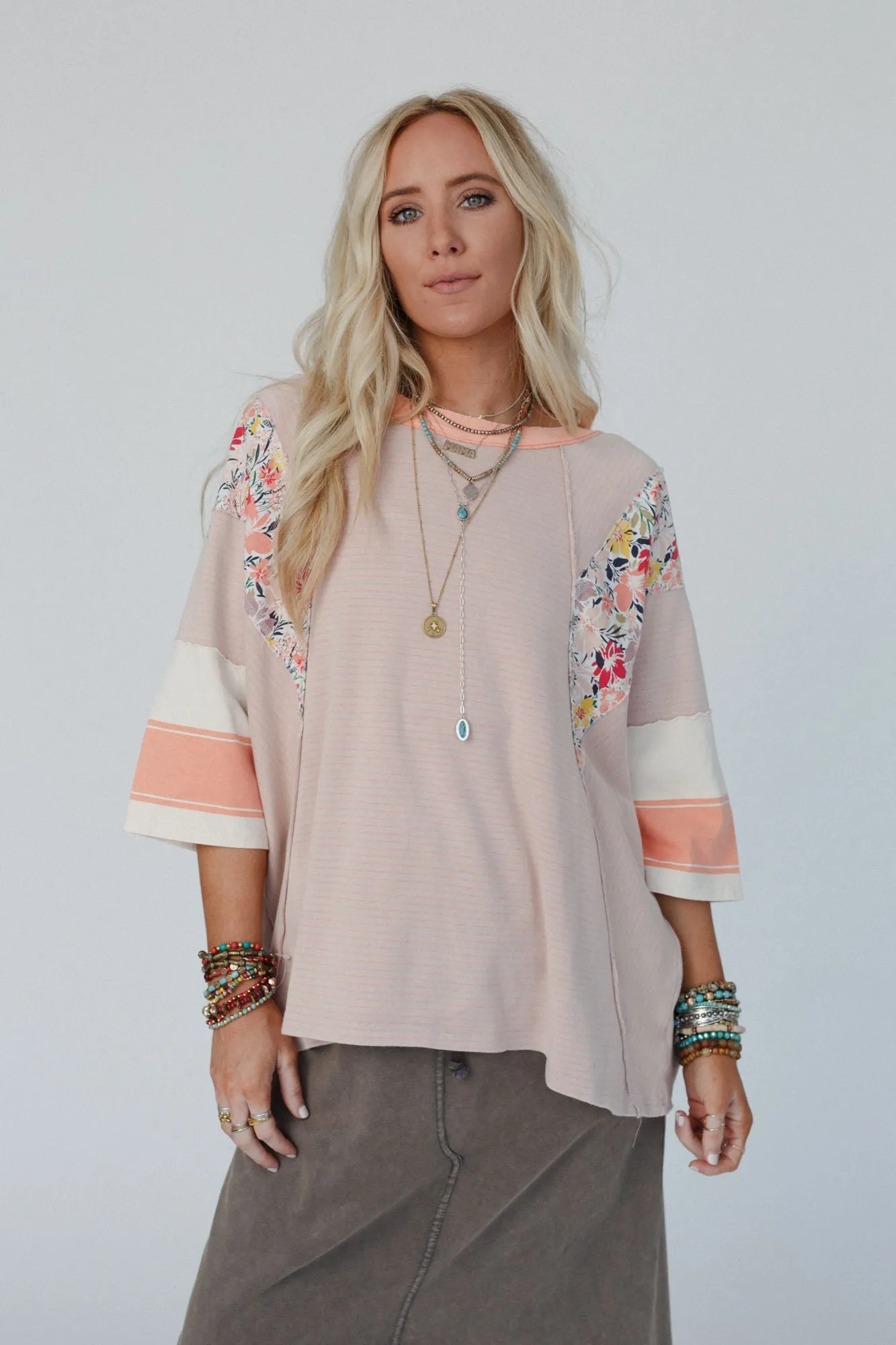 Britt Patchwork Floral Print Top - Apricot