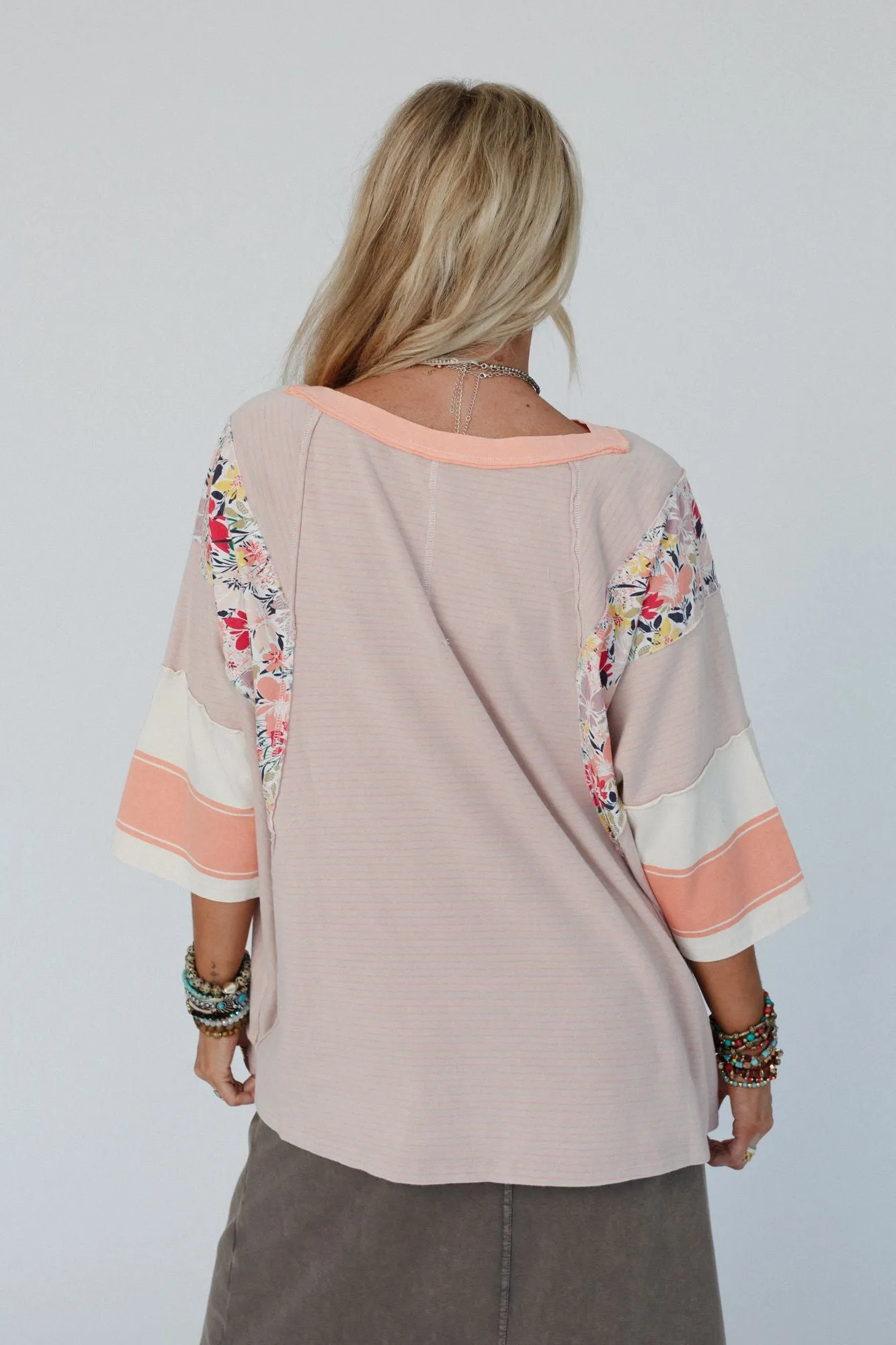 Britt Patchwork Floral Print Top - Apricot