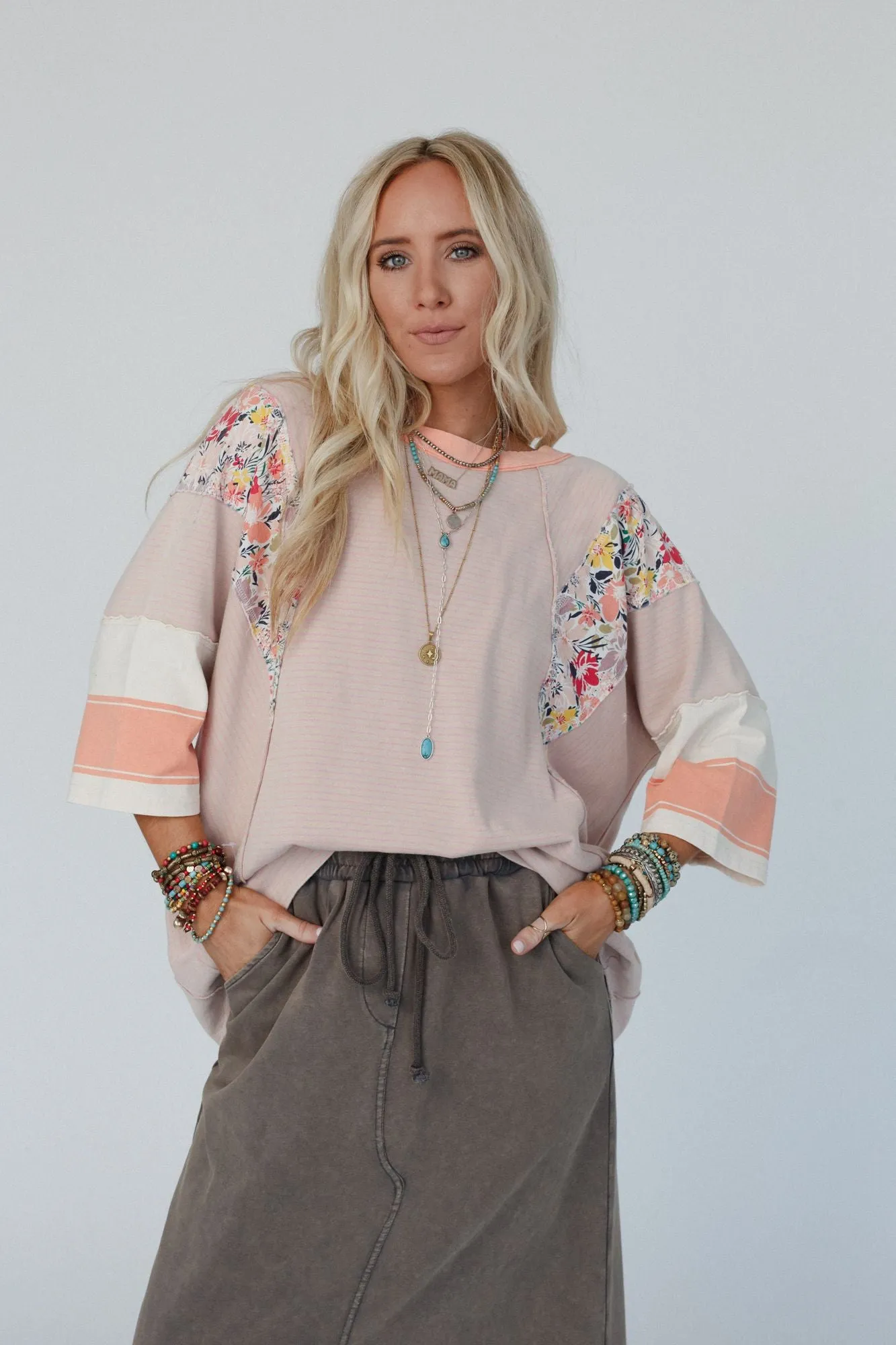 Britt Patchwork Floral Print Top - Apricot