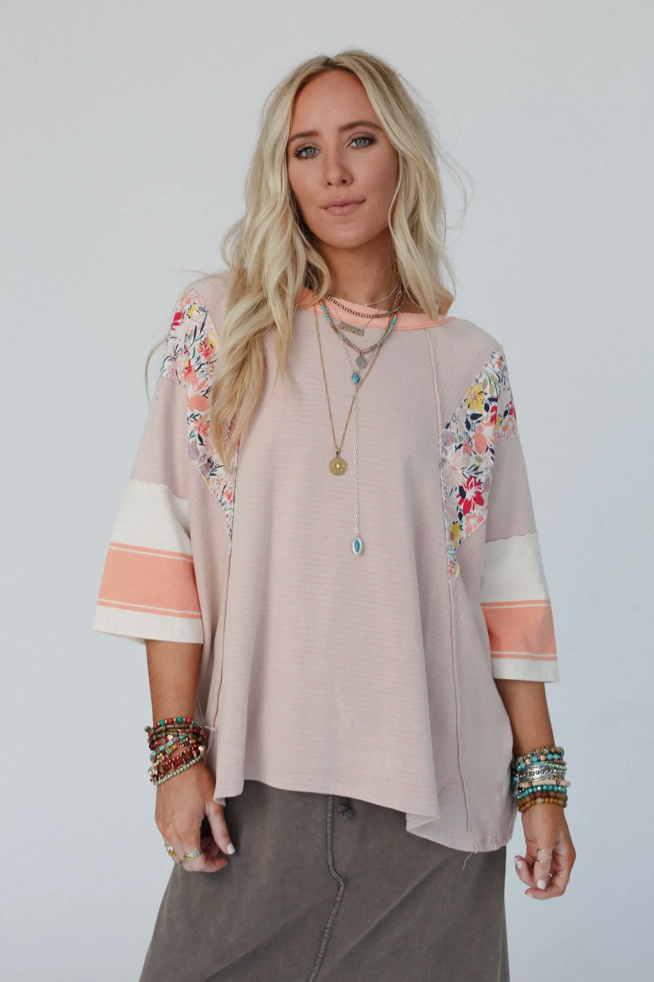 Britt Patchwork Floral Print Top - Apricot