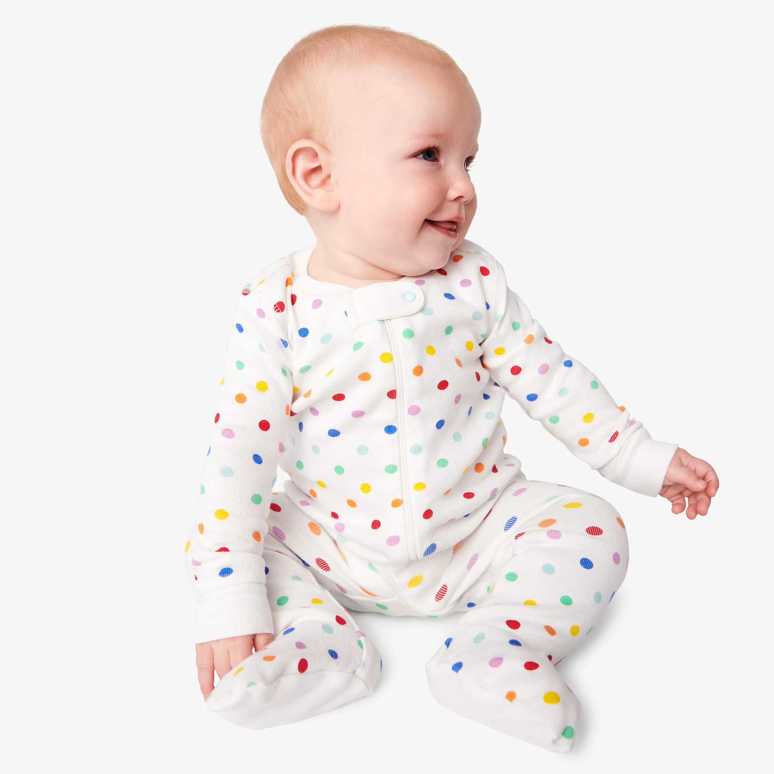 Clearance baby organic zip footie in mini rainbow dot