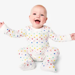 Clearance baby organic zip footie in mini rainbow dot