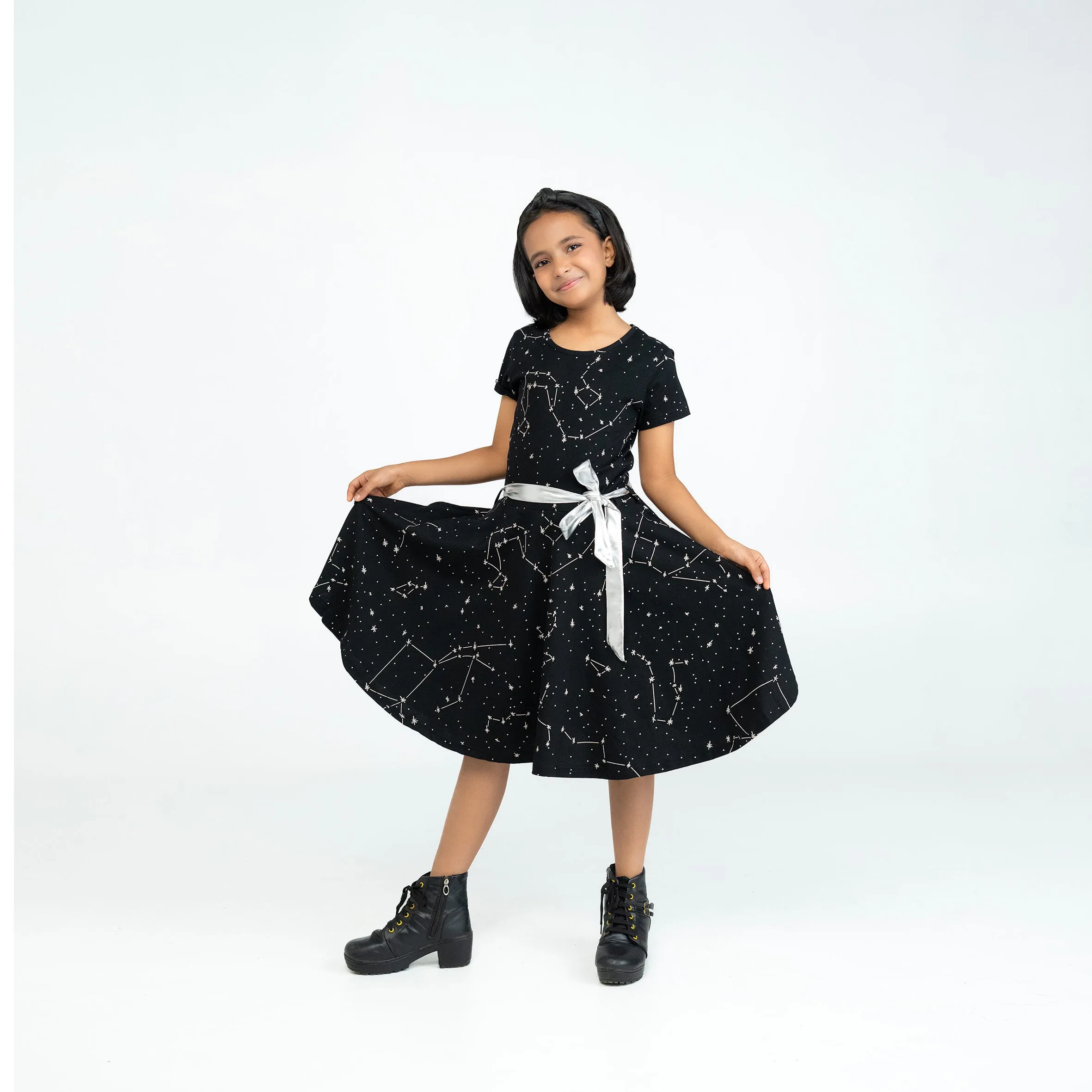 Constellations Glow-in-the-Dark Short Sleeve Kids Twirl Dress