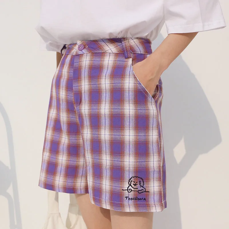 CUTE DOG EMBROIDERY PURPLE GRID SHORTS BY62007