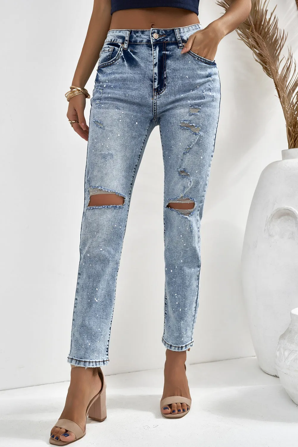 Distressed Faded Splatter Ripped Hole Denim Pants