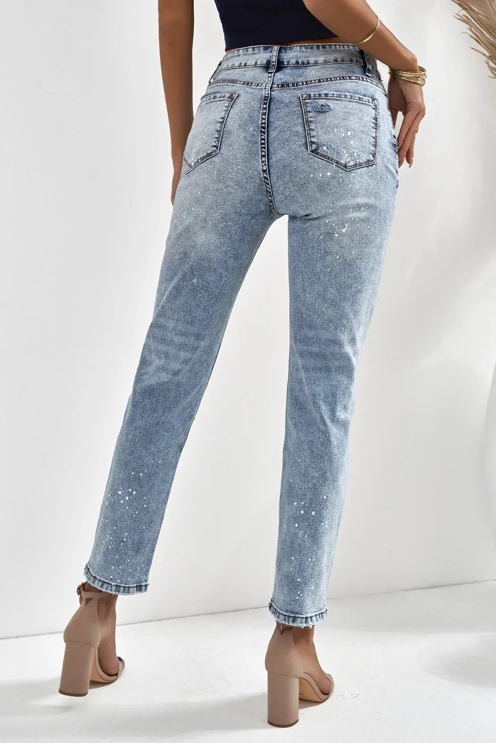 Distressed Faded Splatter Ripped Hole Denim Pants