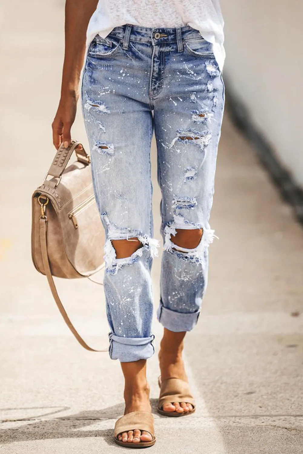 Distressed Faded Splatter Ripped Hole Denim Pants