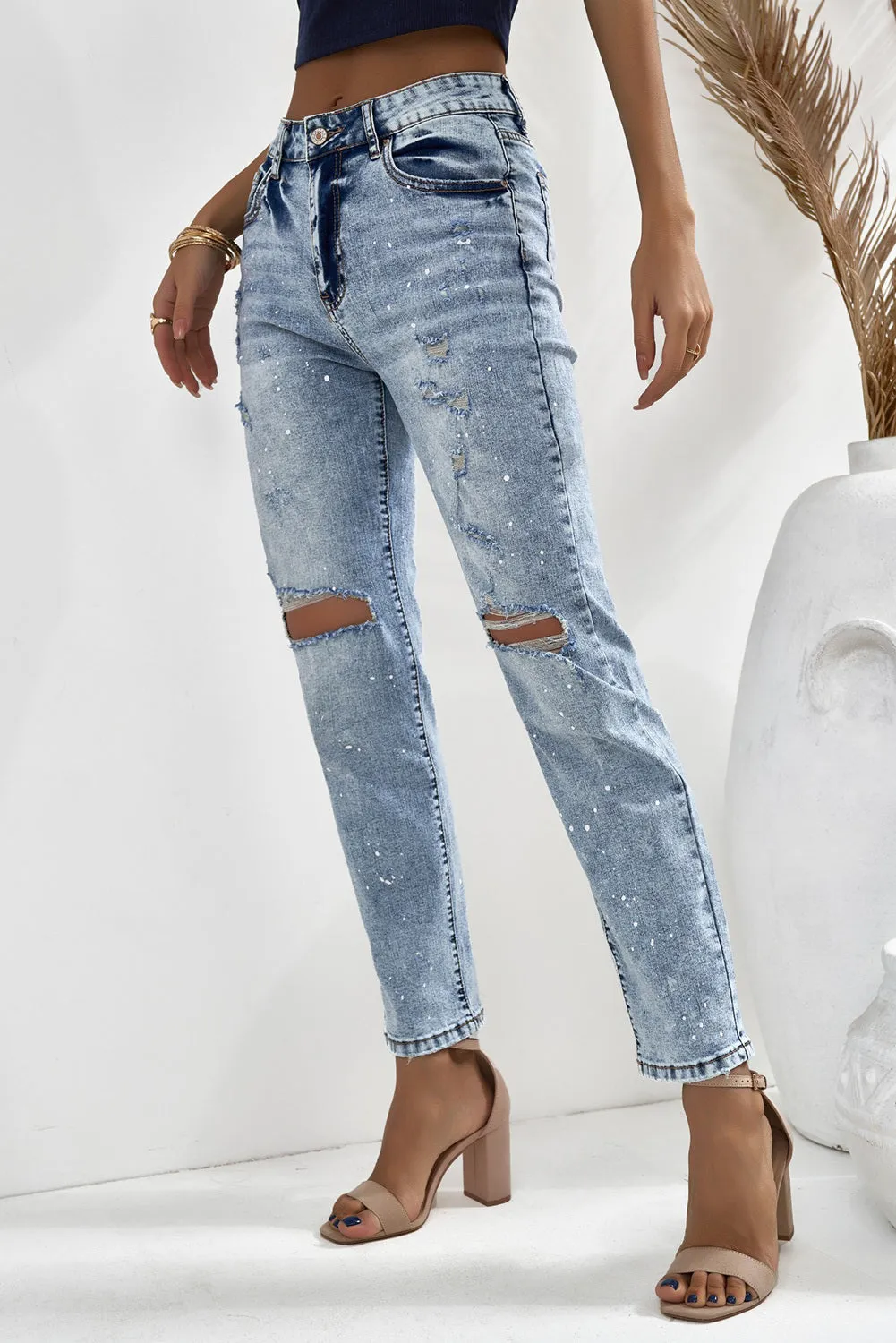 Distressed Faded Splatter Ripped Hole Denim Pants