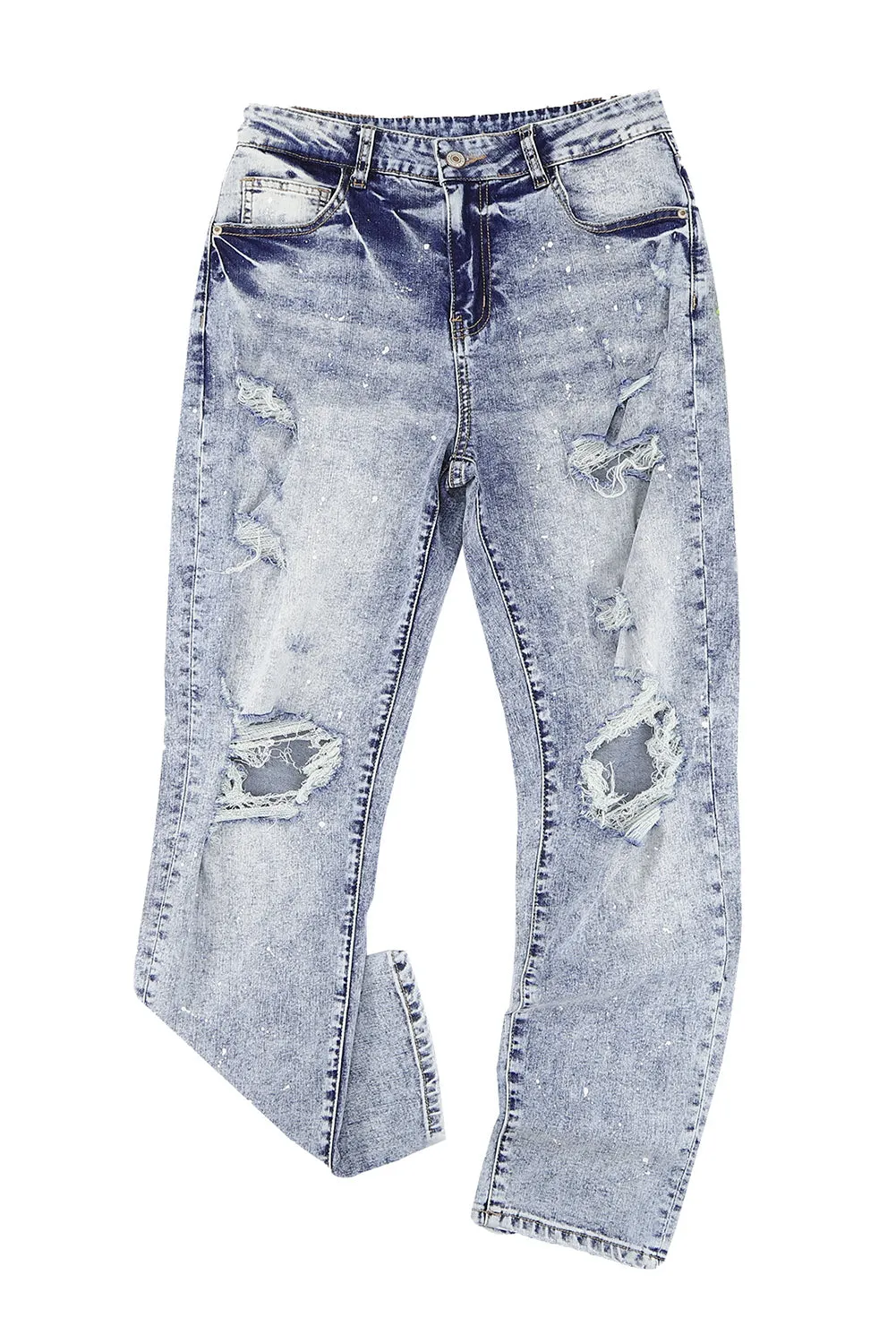 Distressed Faded Splatter Ripped Hole Denim Pants