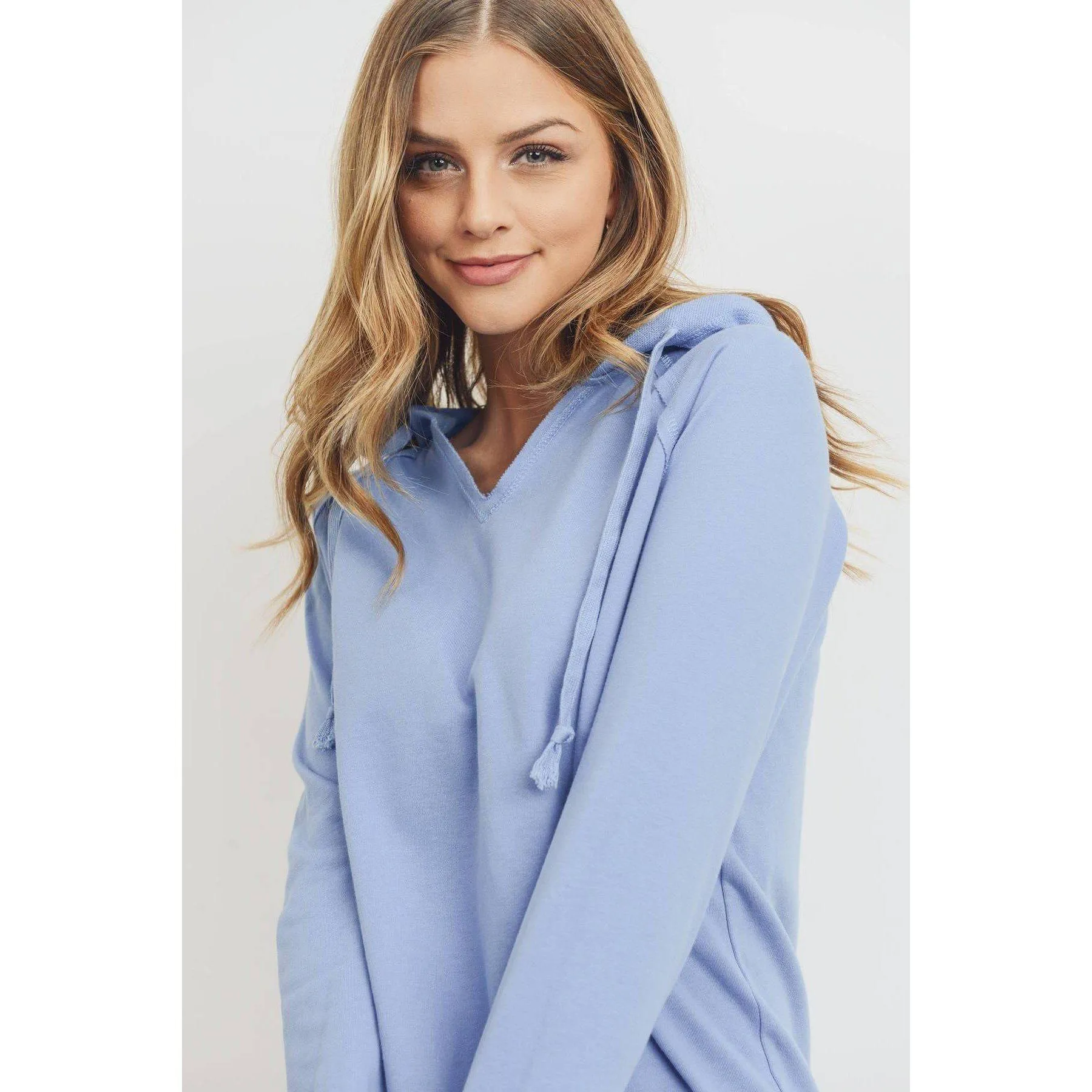 French Terry Hood With V-neck Long Sleeve Top