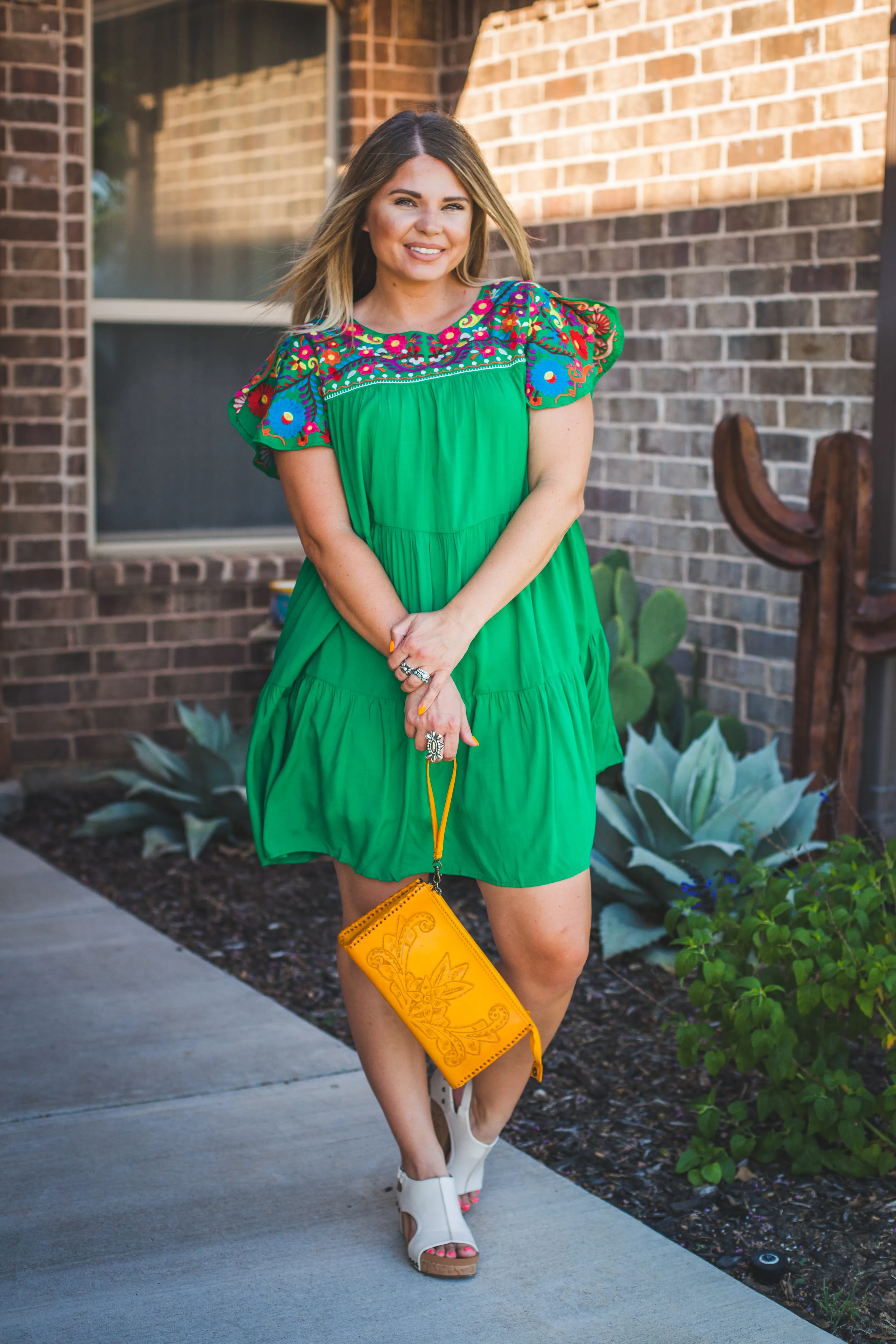 Green Embroidered Flutter Sleeve Dress