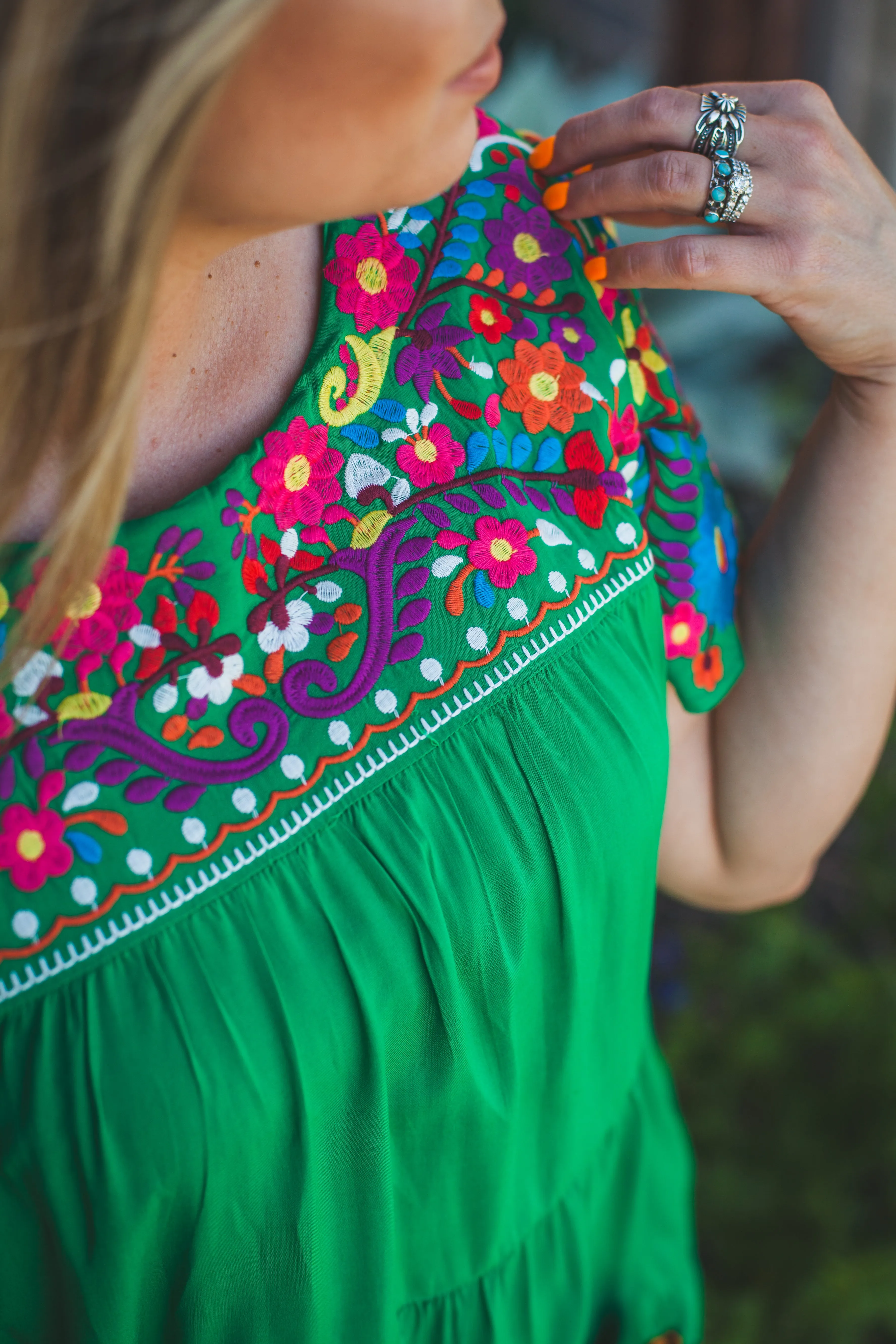 Green Embroidered Flutter Sleeve Dress