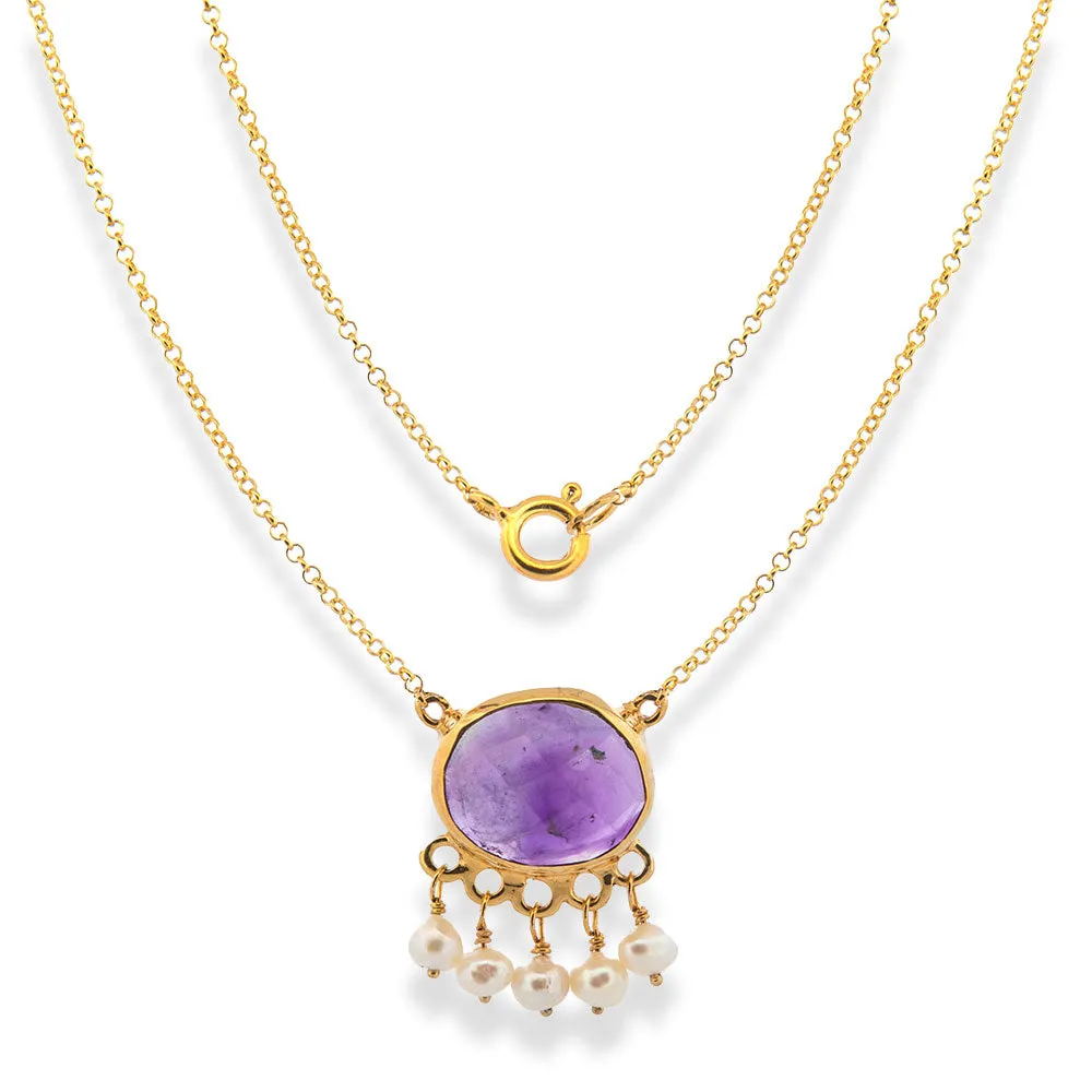 Handmade Short Gold Plated Silver Chain Necklace With Amethyst & Pearls