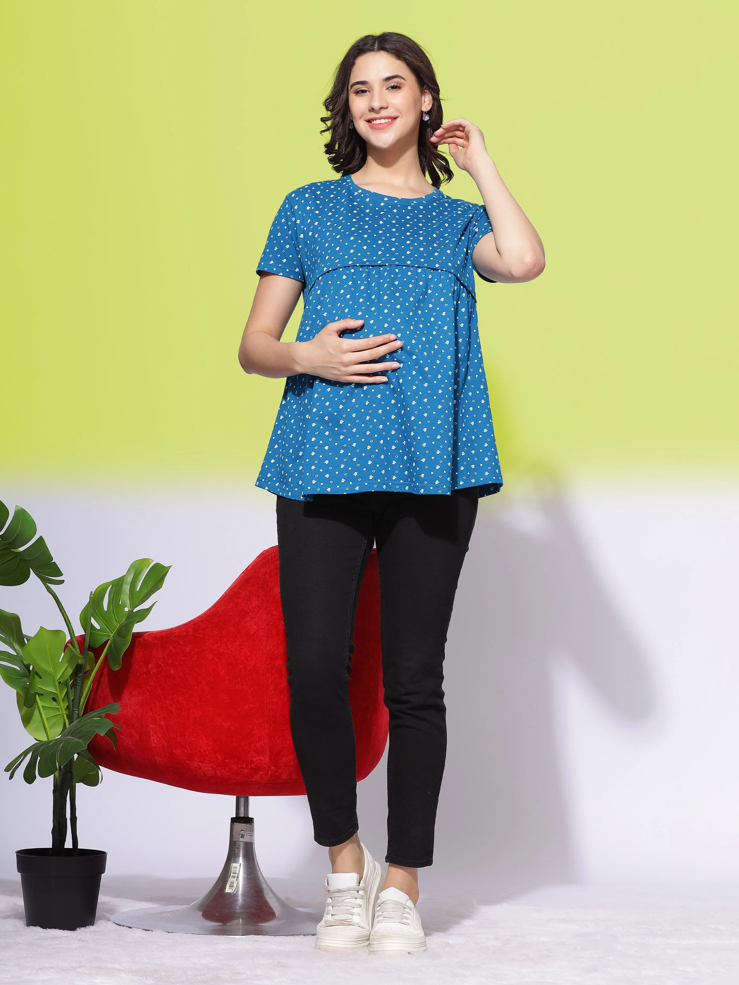 Hosiery Cotton Maternity Feeding Petrol Blue Top