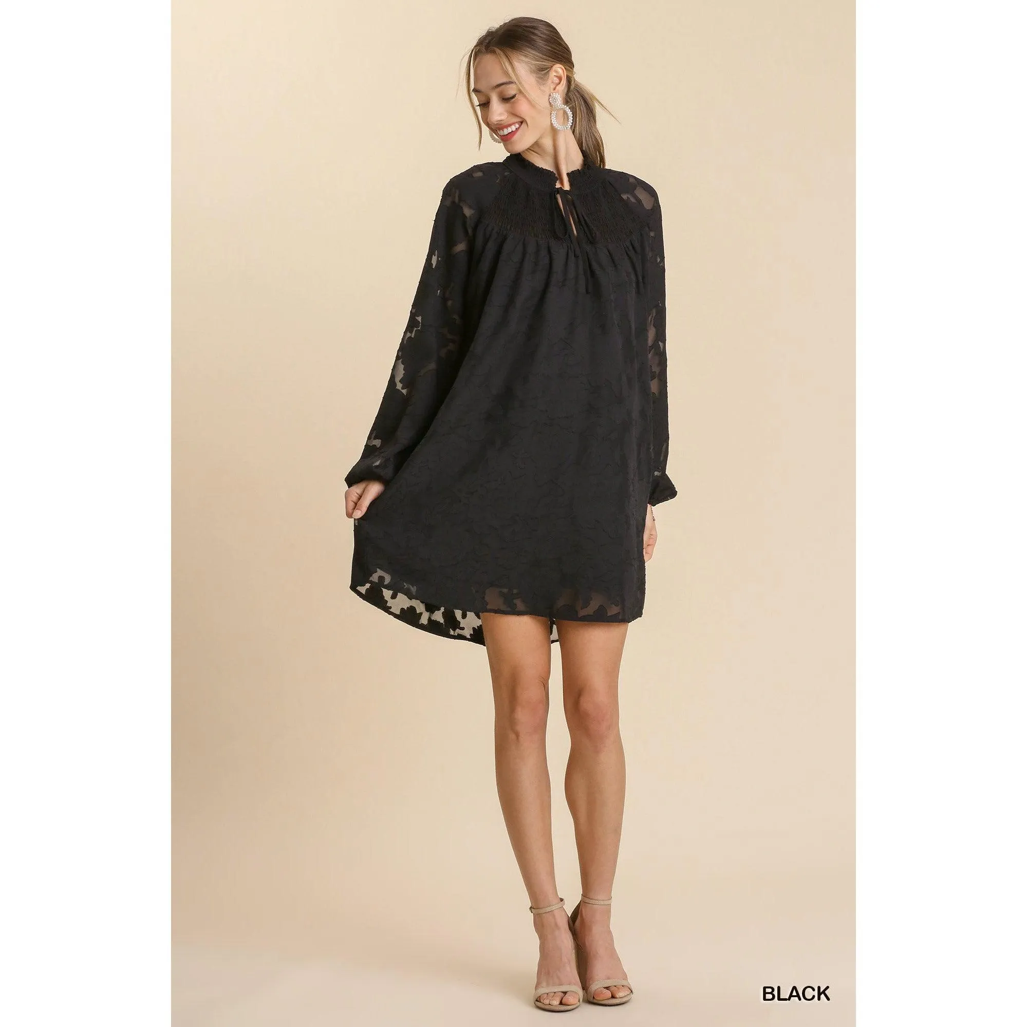 Jacquard Raglan Smocked Tie Neck Yoke Dress