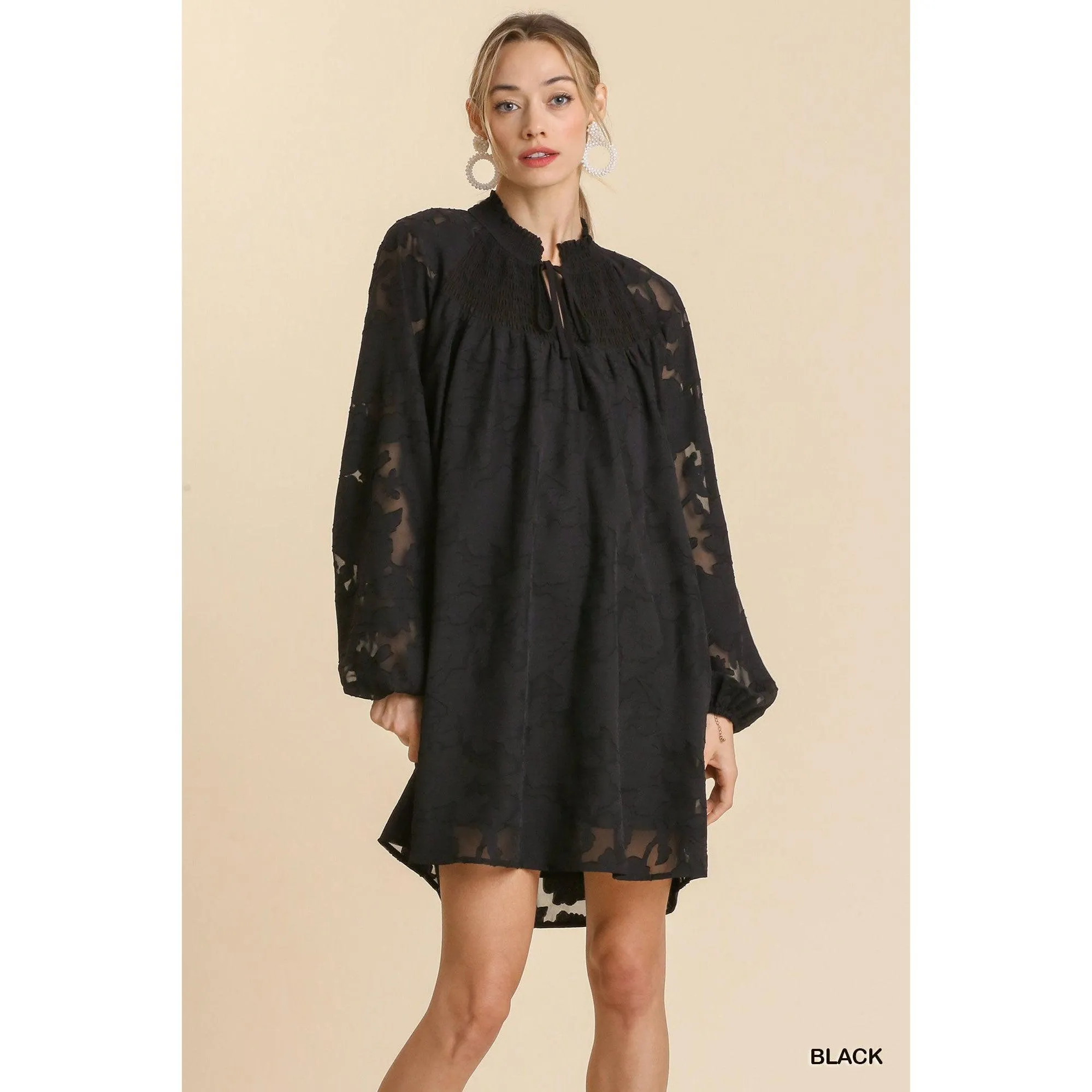 Jacquard Raglan Smocked Tie Neck Yoke Dress