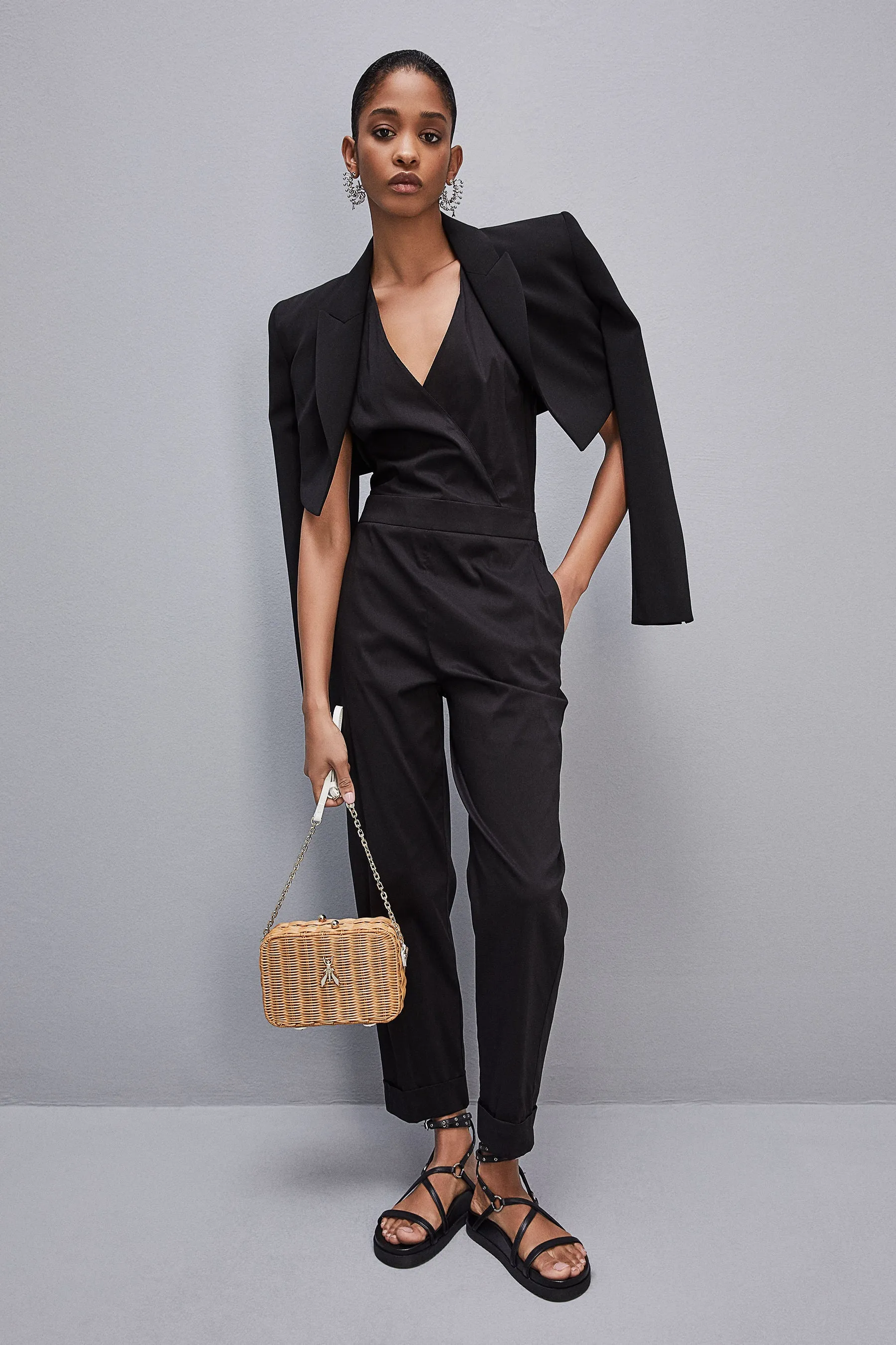 Long jumpsuit in stretch cotton-blend poplin