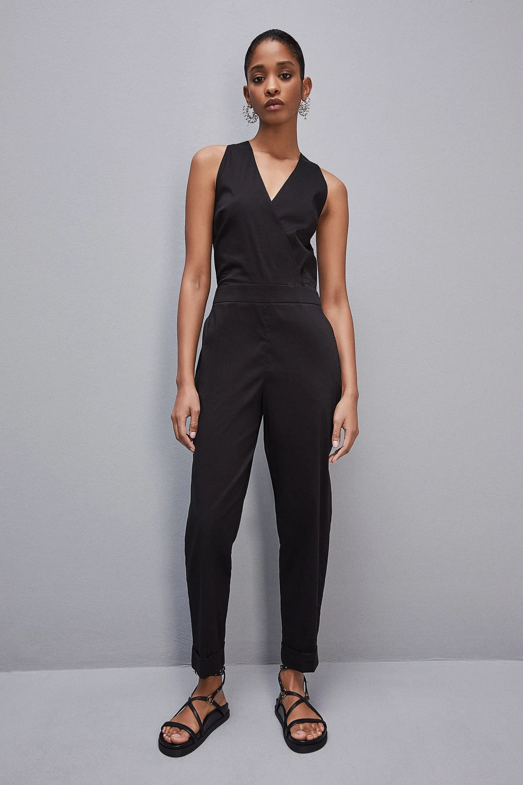 Long jumpsuit in stretch cotton-blend poplin