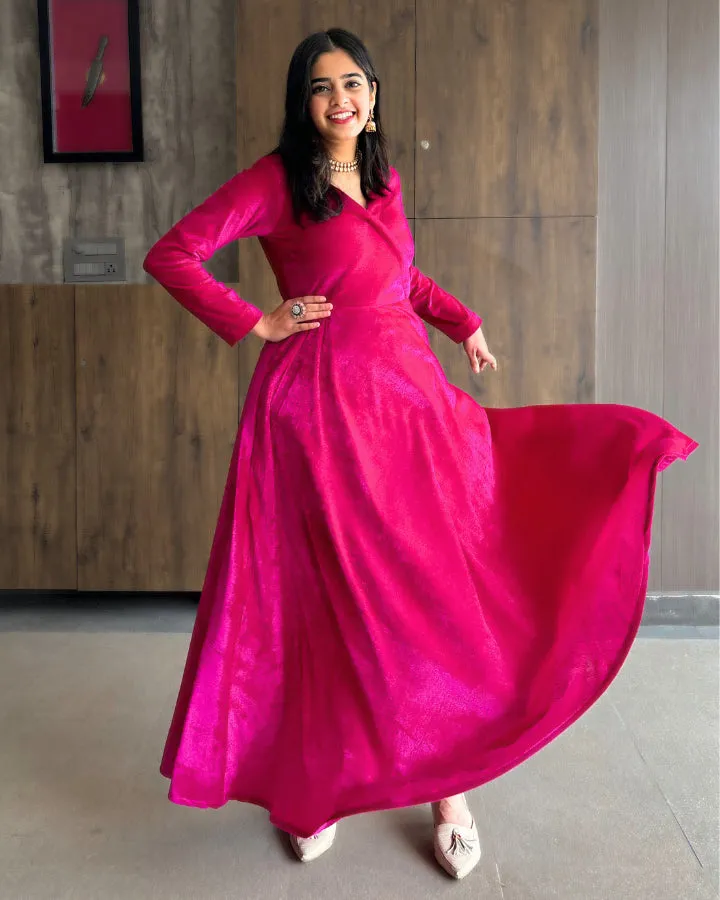 Magenta Pink Fit and Flare Long Velvet Dress