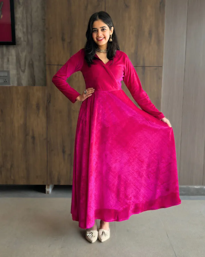 Magenta Pink Fit and Flare Long Velvet Dress