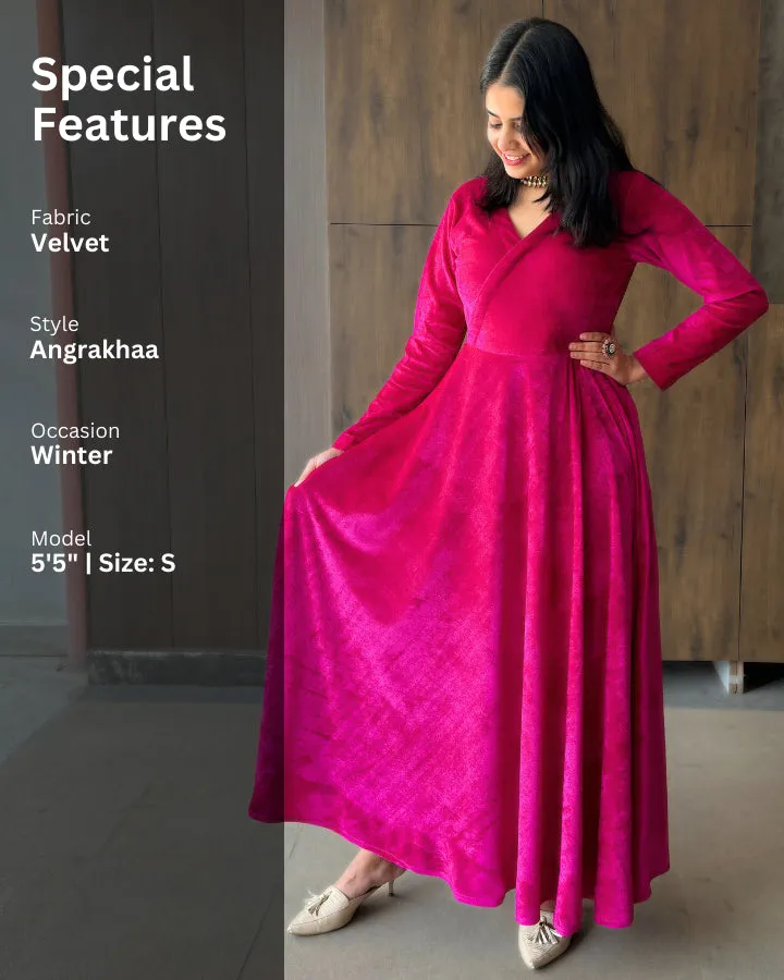 Magenta Pink Fit and Flare Long Velvet Dress