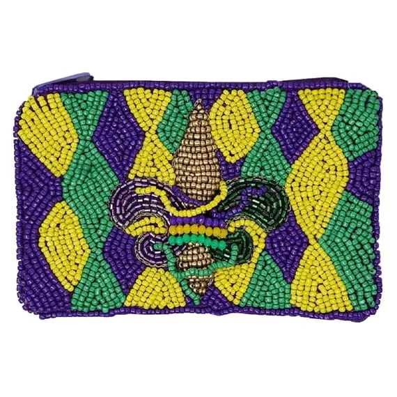 Mardi Gras Fleur De Lis Seed Beaded Coin Purse