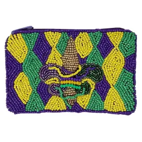 Mardi Gras Fleur De Lis Seed Beaded Coin Purse