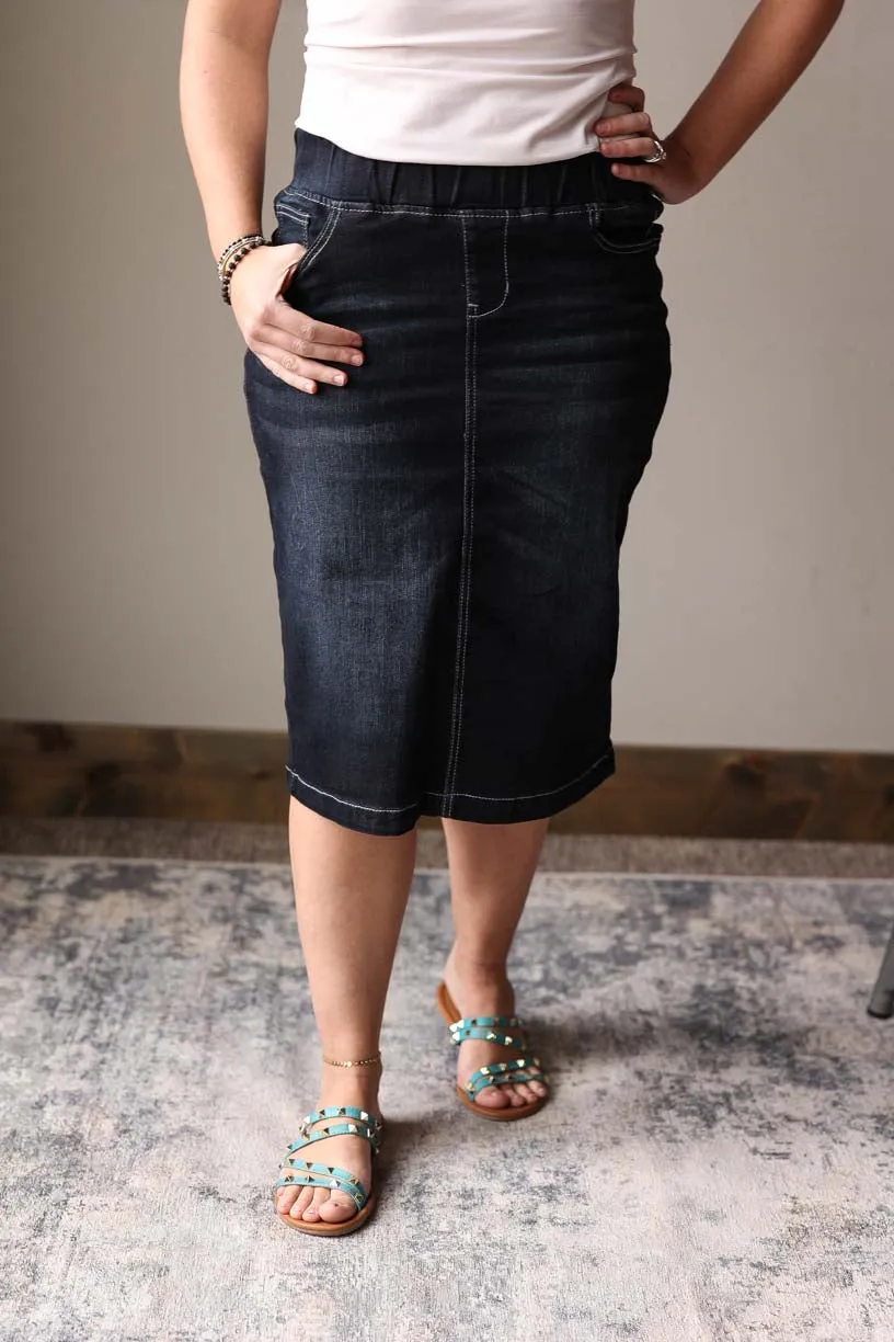 Midnight Comfort Black Elastic Stretch Denim Skirt