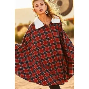 Mock Neck With Zipper Contrast Inside Front Pocket Plaid Poncho