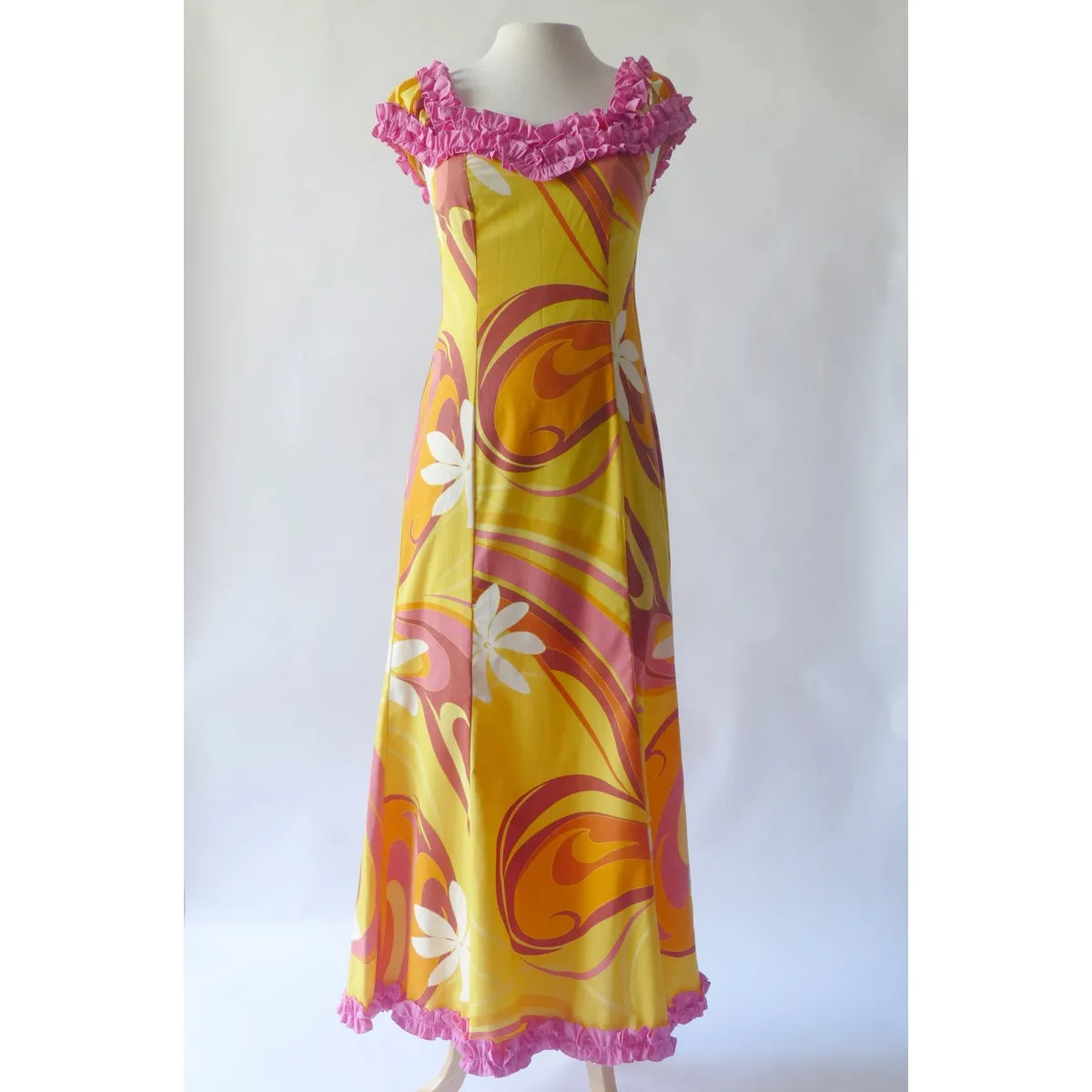 Pink Baby Ruffle Yellow Swirl Hawaiian Dress (Lightly Used)