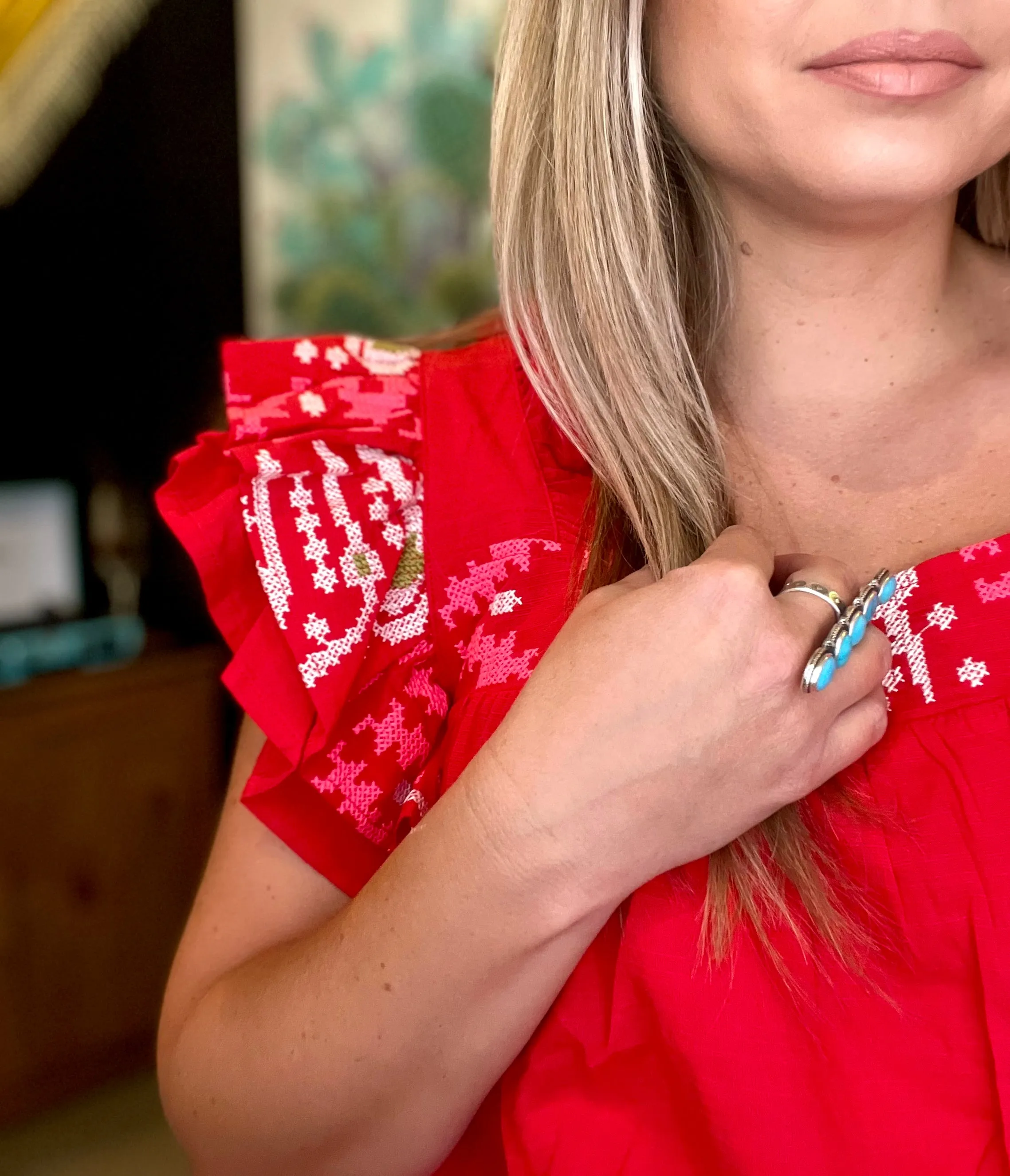 Red Double Ruffle Sleeve Embroidered Top