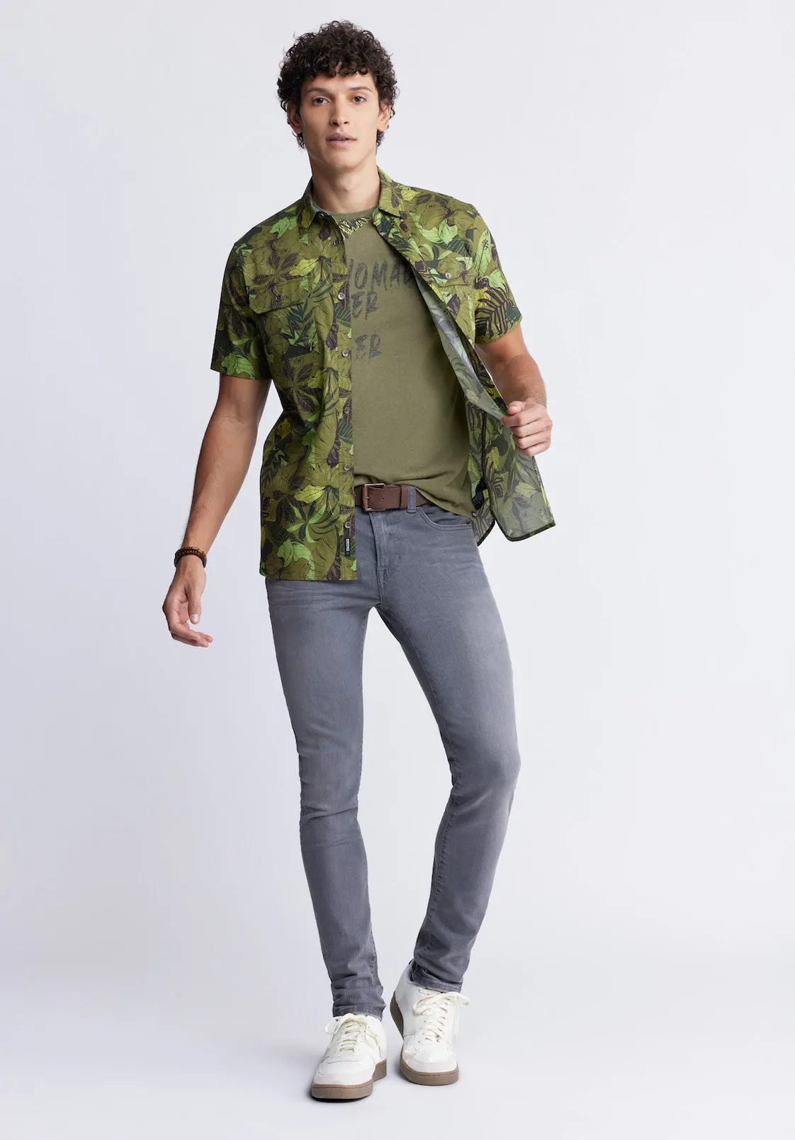 Sayool Men’s Woven Short Sleeve Shirt in Leaf Print, Moss Green - BM24282