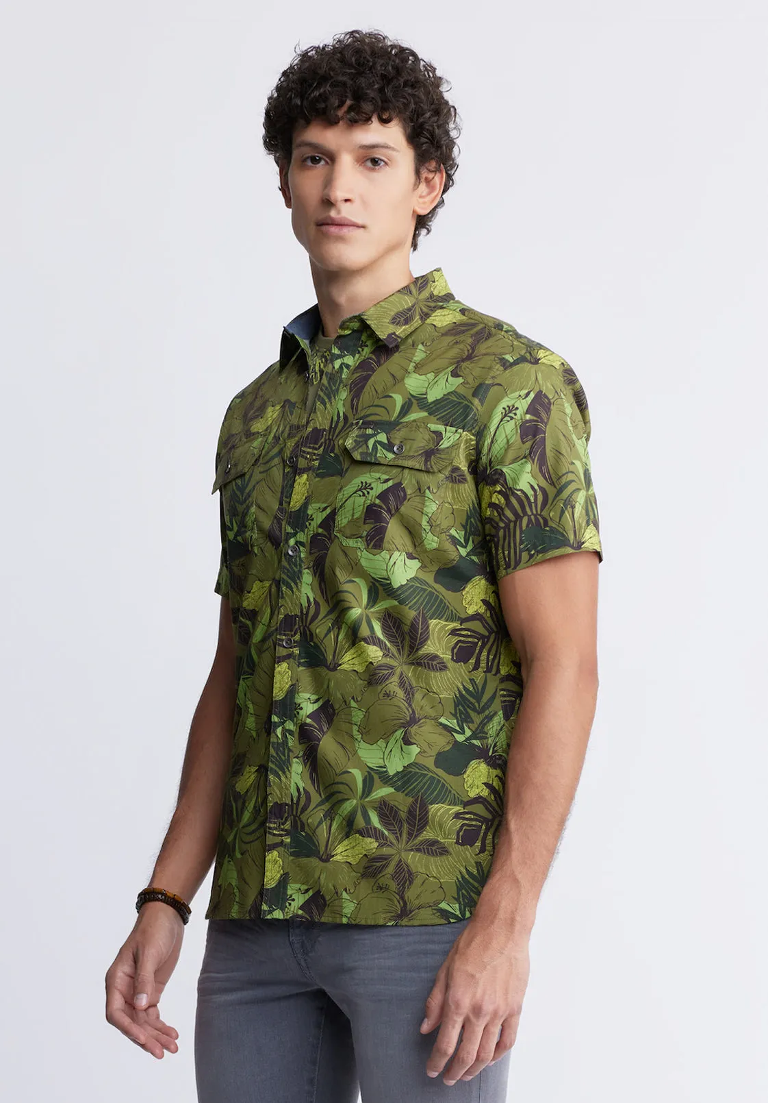 Sayool Men’s Woven Short Sleeve Shirt in Leaf Print, Moss Green - BM24282