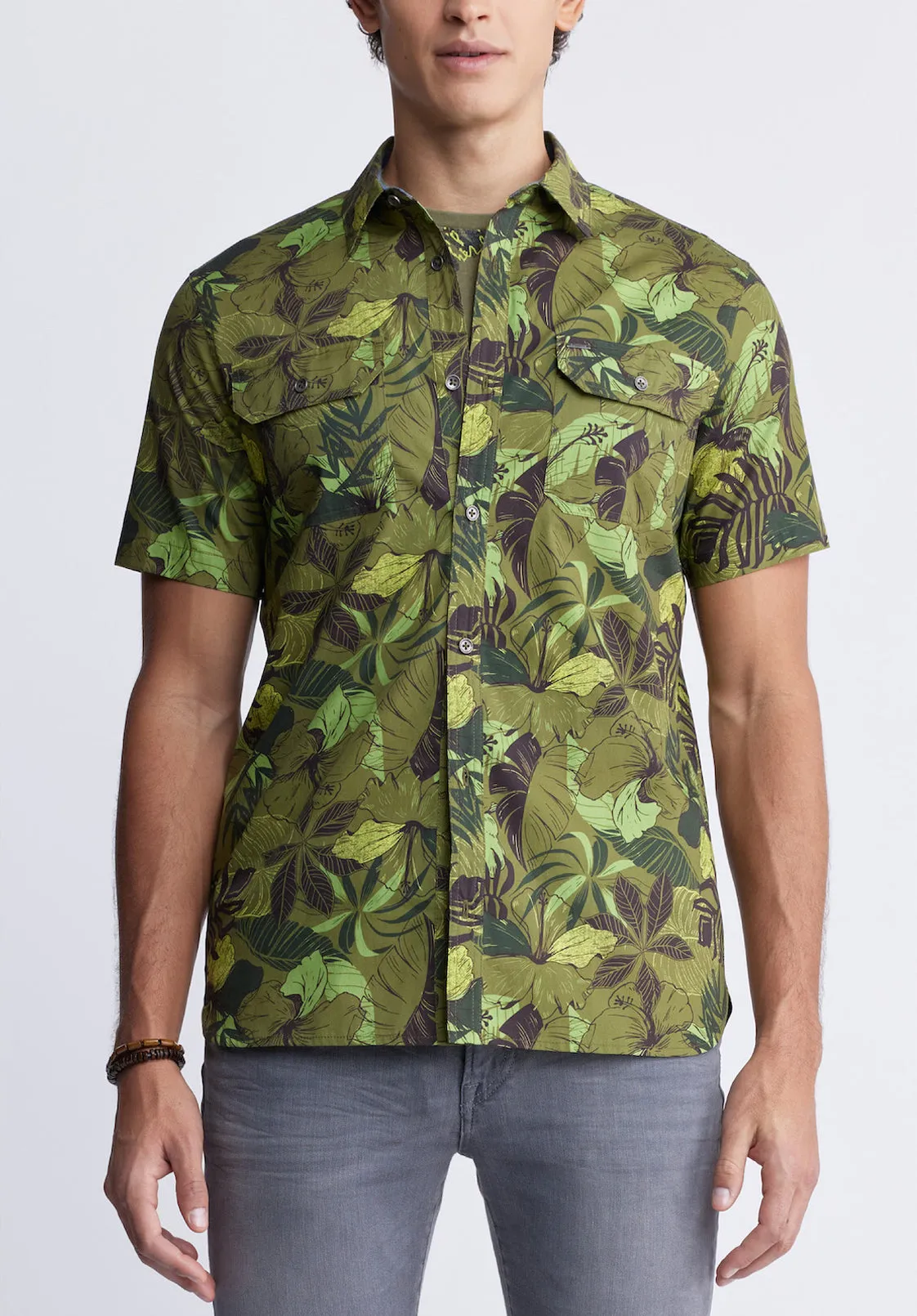 Sayool Men’s Woven Short Sleeve Shirt in Leaf Print, Moss Green - BM24282