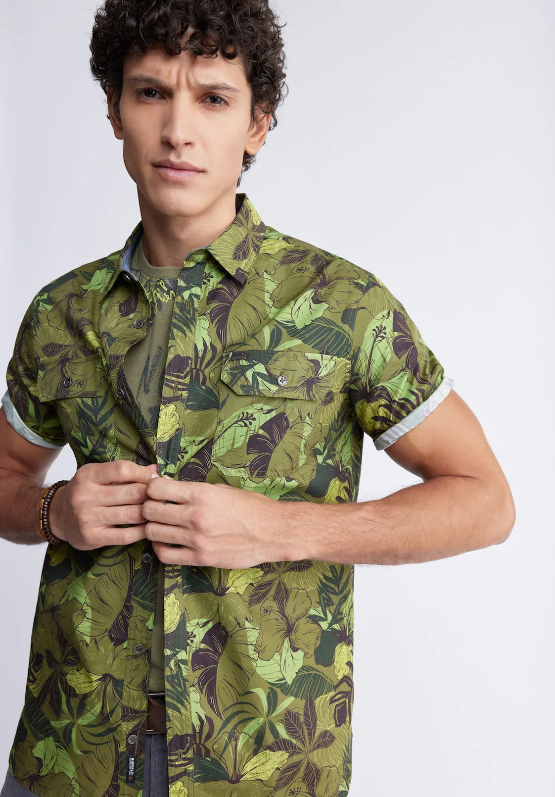 Sayool Men’s Woven Short Sleeve Shirt in Leaf Print, Moss Green - BM24282