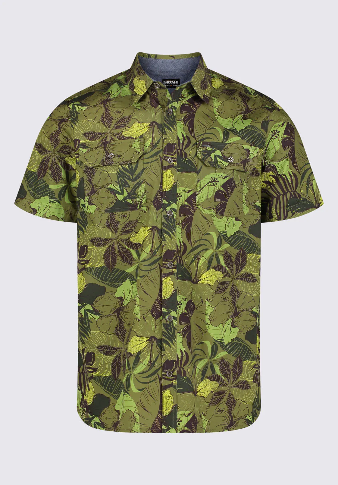 Sayool Men’s Woven Short Sleeve Shirt in Leaf Print, Moss Green - BM24282