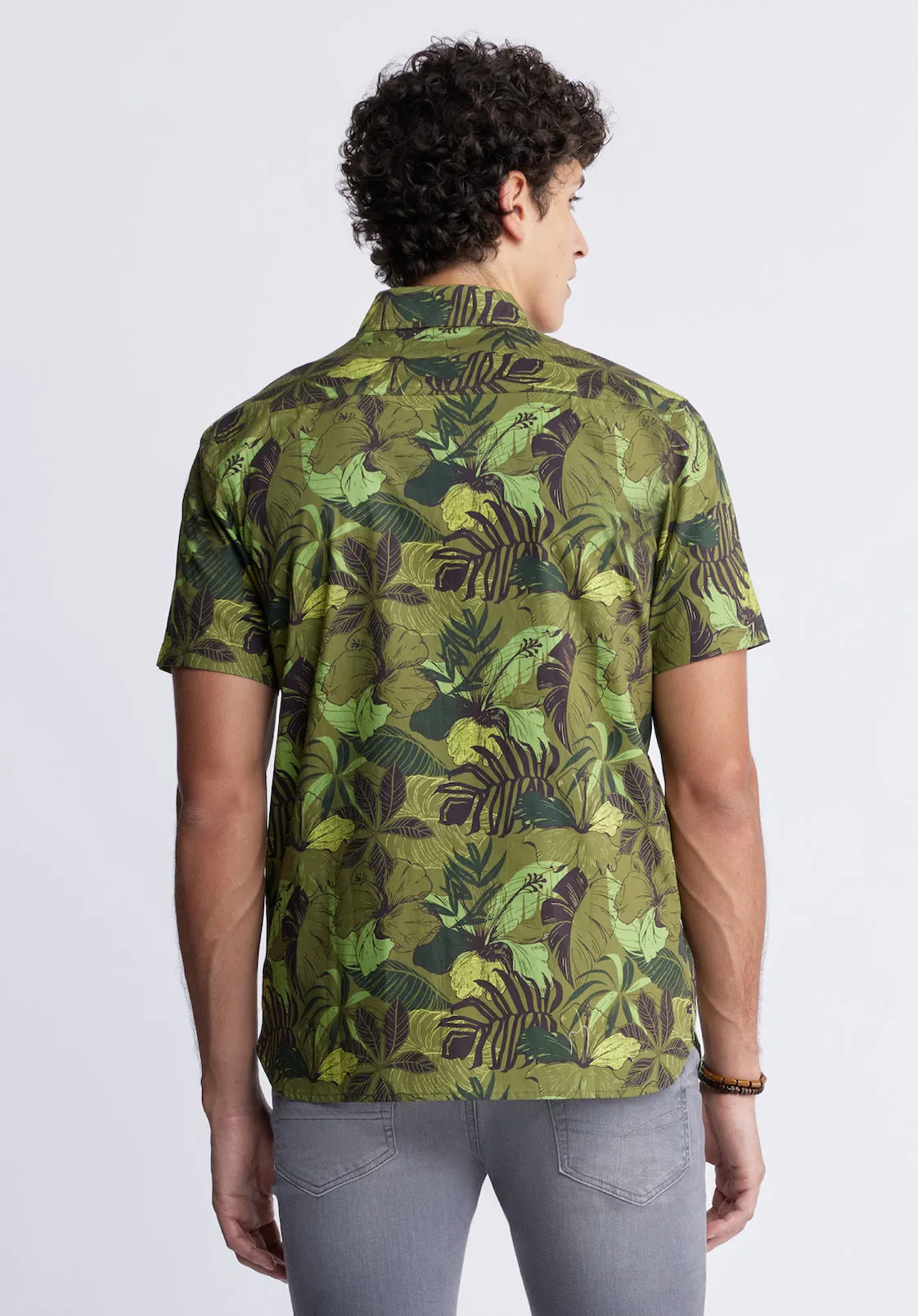 Sayool Men’s Woven Short Sleeve Shirt in Leaf Print, Moss Green - BM24282