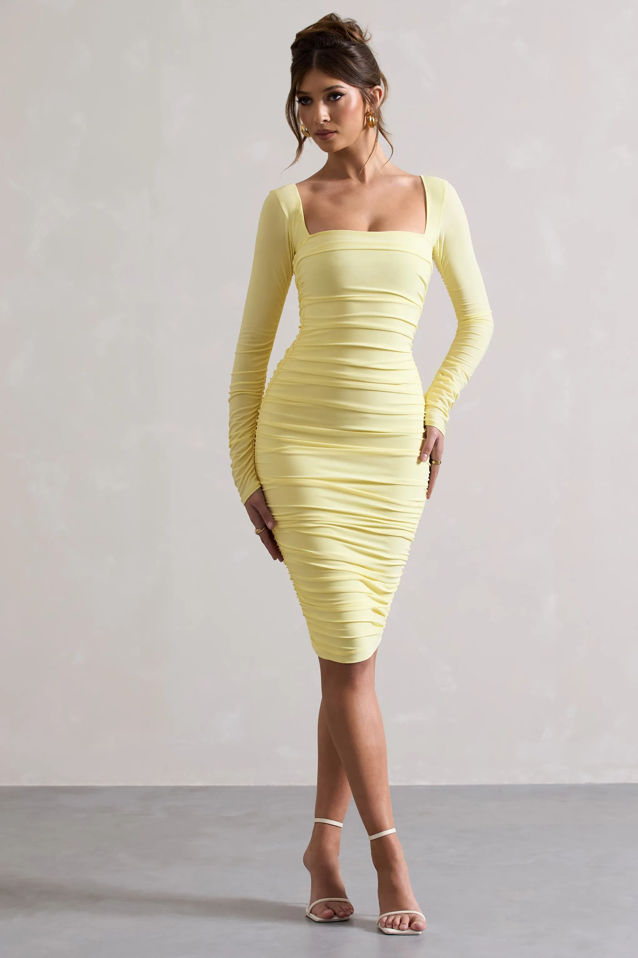 Seductress | Yellow Long Sleeve Square Neck Ruched Midi Dress