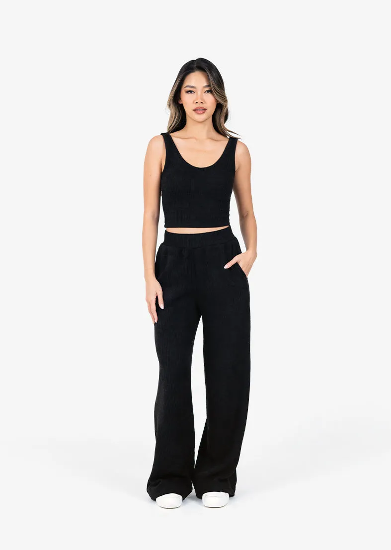 Wellness Rib Cropped Tank & Palazzo Pant Set Black