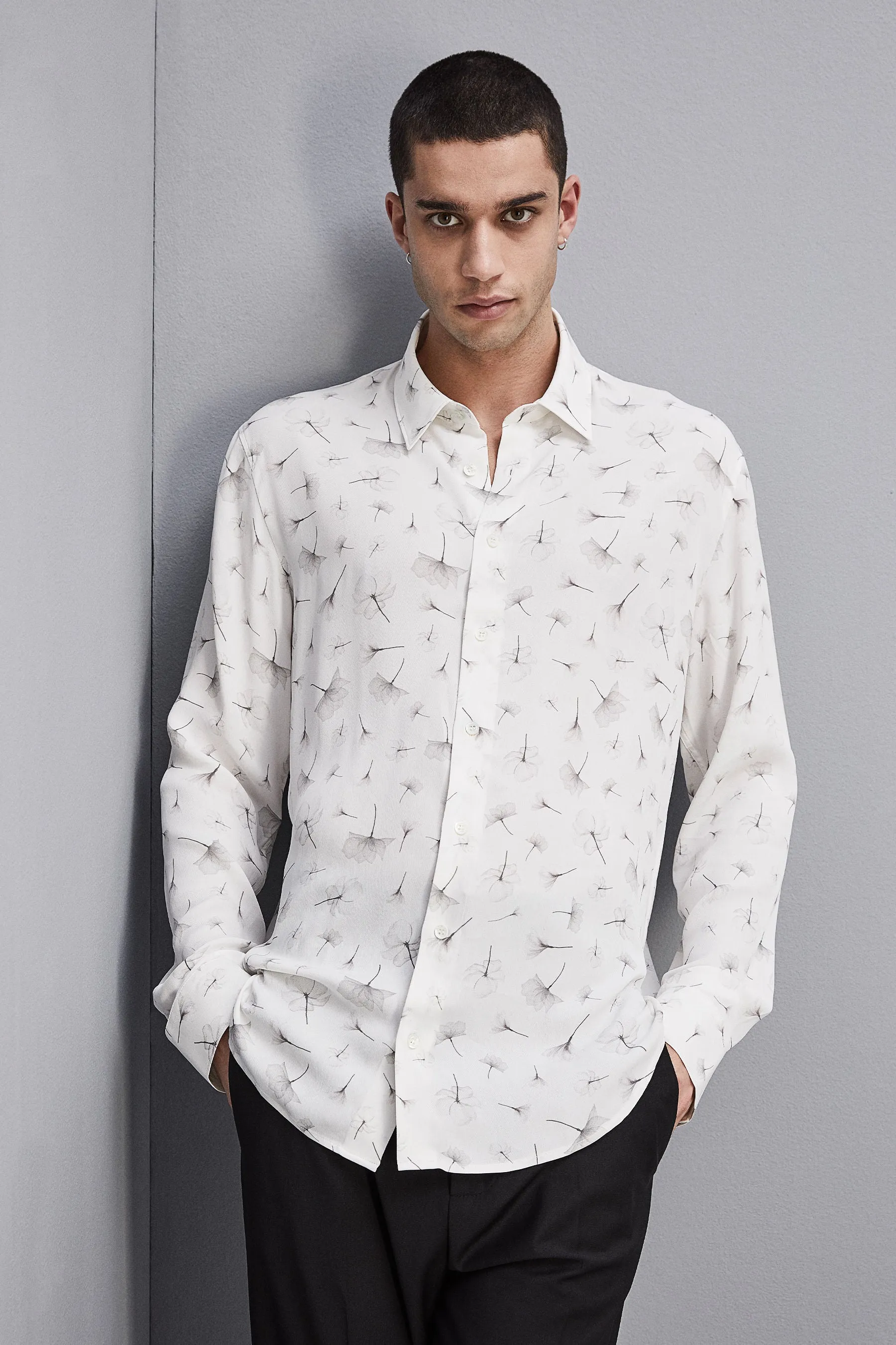 White Micro Flowers Soft twill viscose shirt